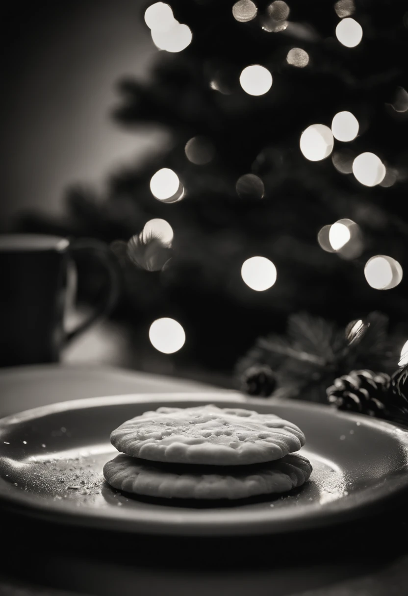 a black and white image of a lone Christmas cookie on a vintage plate, adding a touch of nostalgia and elegance to the photo