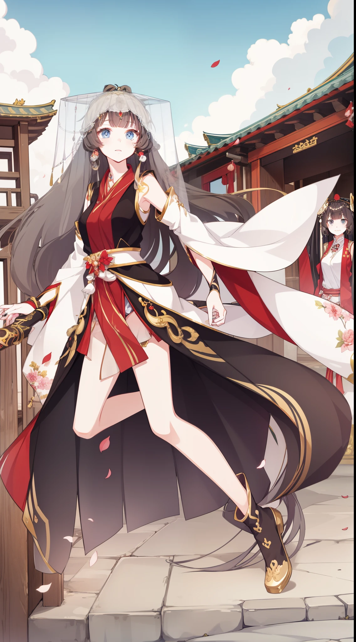 young girls, Long brown hair,Floral headdress,hair adornments,jewely,eBlue eyes, pale robe, Sleeveless, jumpping, Summer palace,Asian architecture,petals,tmasterpiece, high high quality
