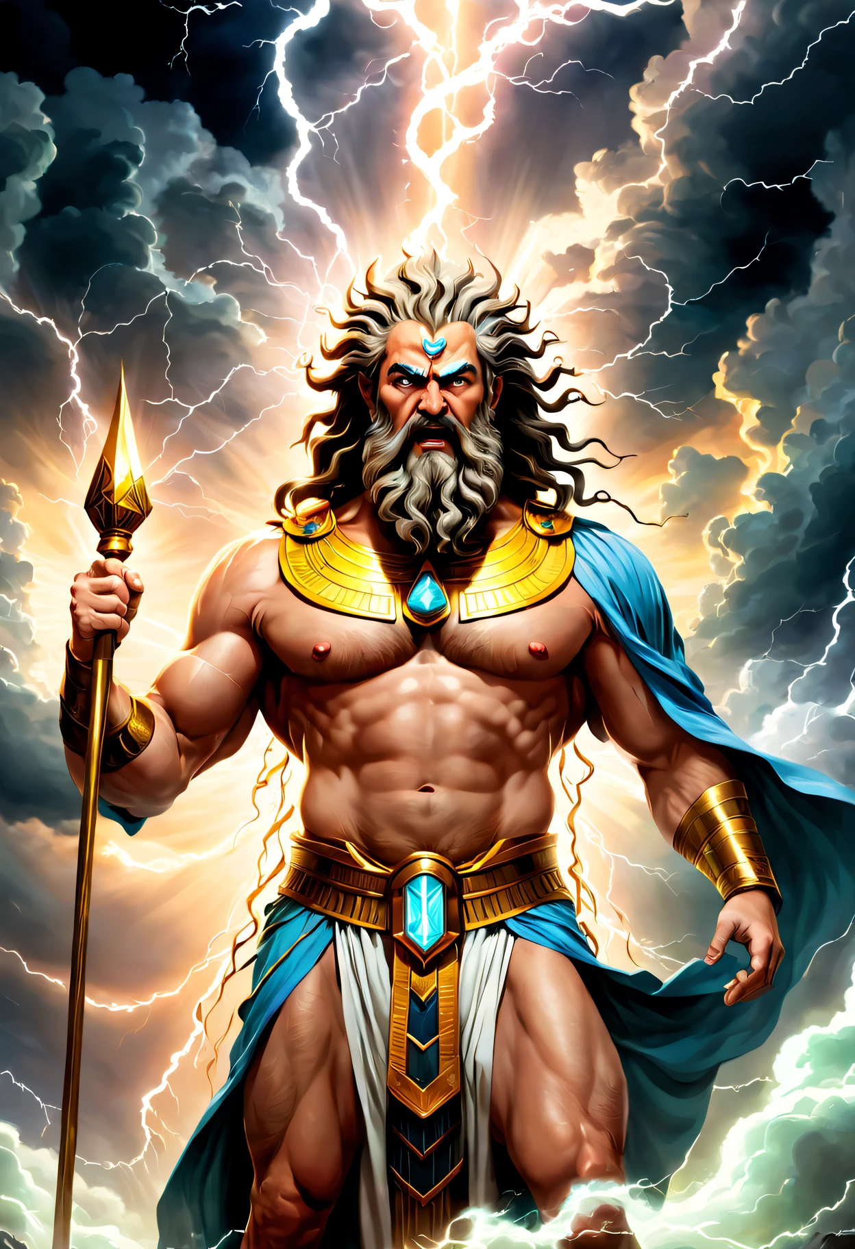 One with a beard、Arafad image of man in burka, Angry god Zeus, the god zeus, epic scene of Zeus, storm egyptian god, Complete portrait of the Electric Mage, concept art of god, Moses, Zeus, Retrato Zeus, Godrays digital painting, Epic clouds and divine lights, ancient god, God Emperor of Humanity