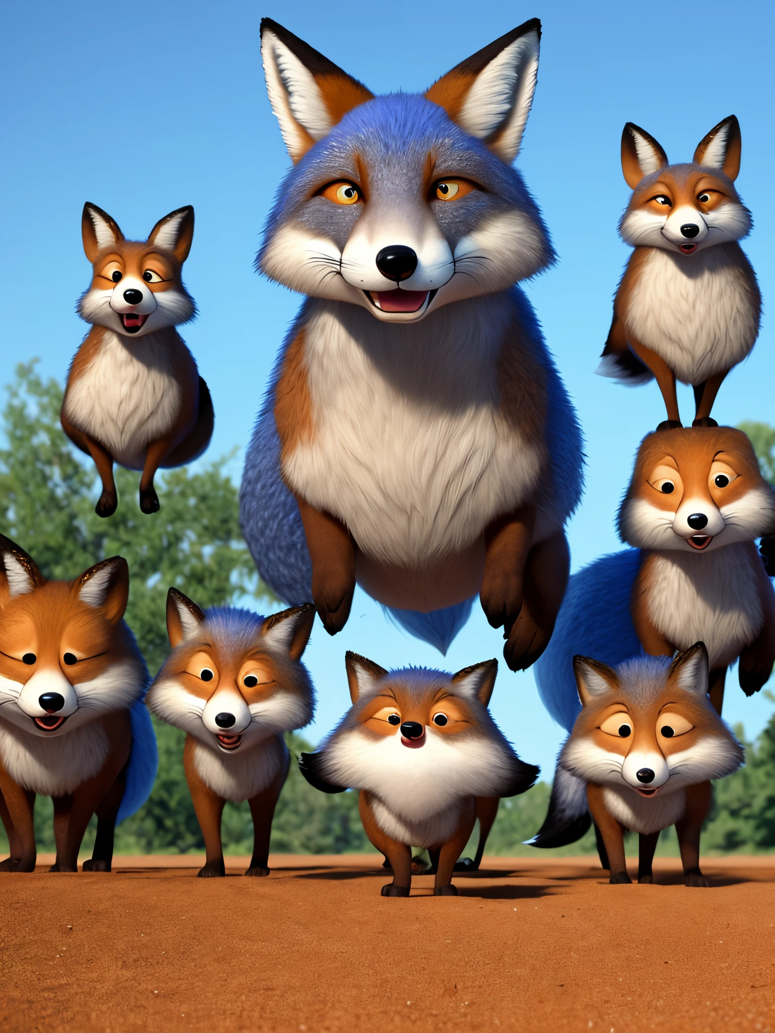 A blue fox with giant testicles in the style of a Disney Pixar film
