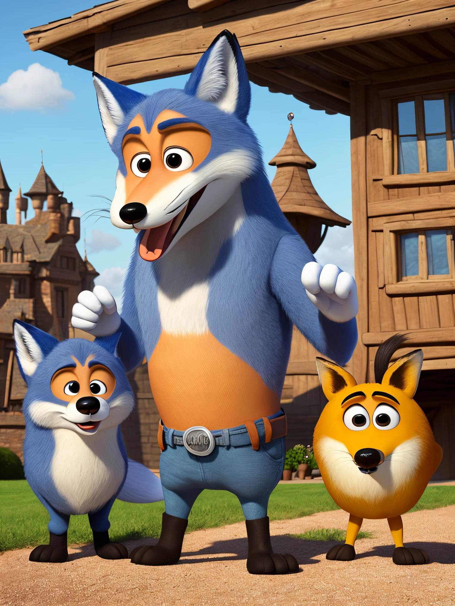 A blue fox with giant testicles in the style of a Disney Pixar film