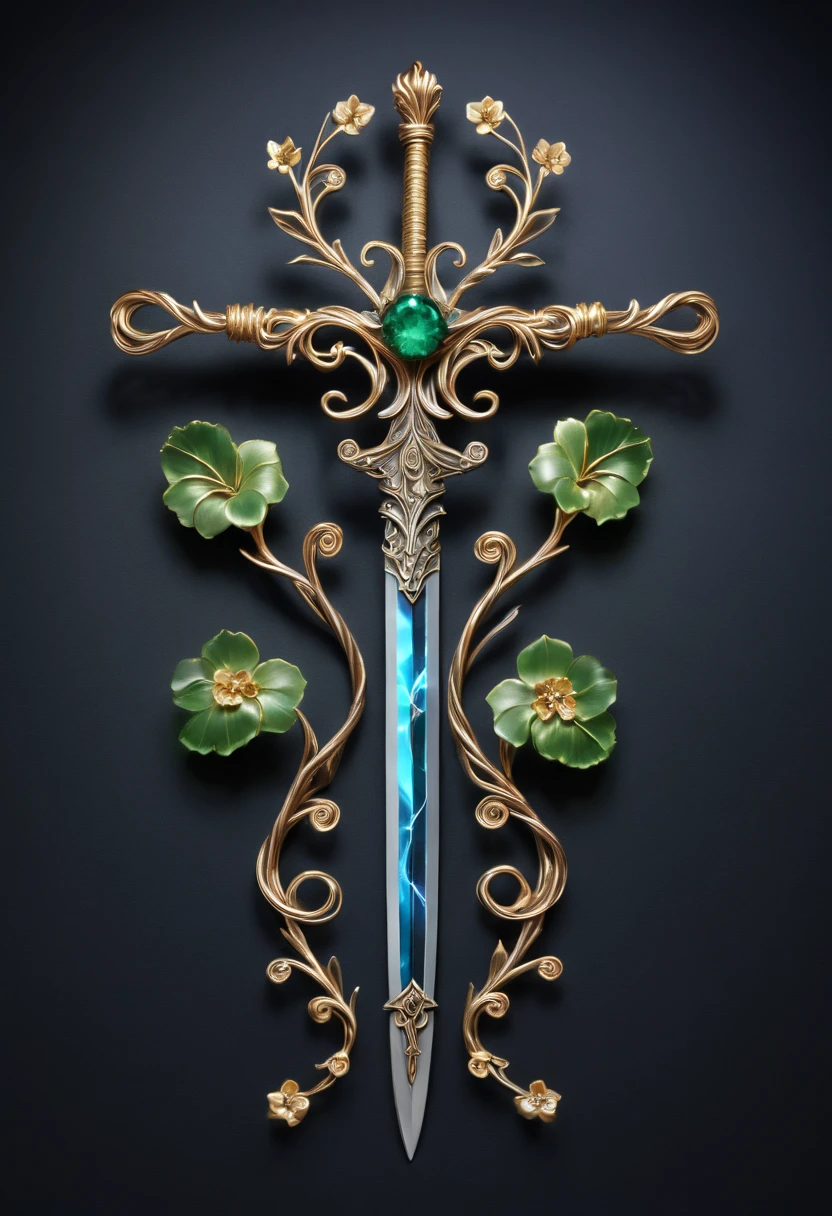 Magic Sword,Alloy iron flower,Alloy vines surround the magic sword,There are iron flowers on the sword,heavy metal style,metal art,flower made of iron,iron leaf,Full metallic luster,Metal texture in the post-industrial era,Crafts made from twisted alloy wire,gold flowers,Iron flower,Silver flower,metal tree branch,a crystal pendant,Emerald inlay,well-built,Perfect craftsmanship,Magic lightning background,blue lightning,There are fairies