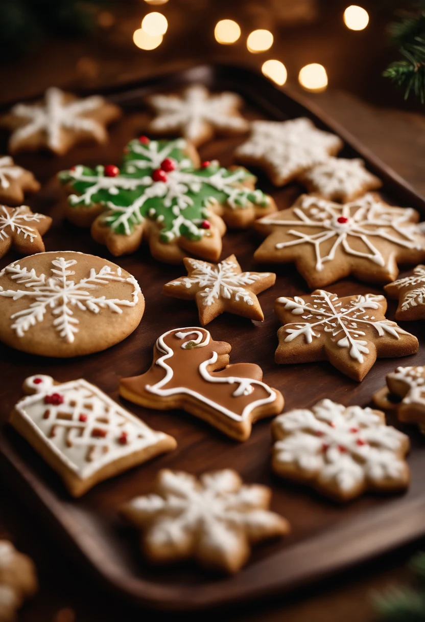 a close-up shot of a tray of beautifully decorated Christmas cookies, showcasing the intricate details of each design, from snowflakes to reindeer and everything in between