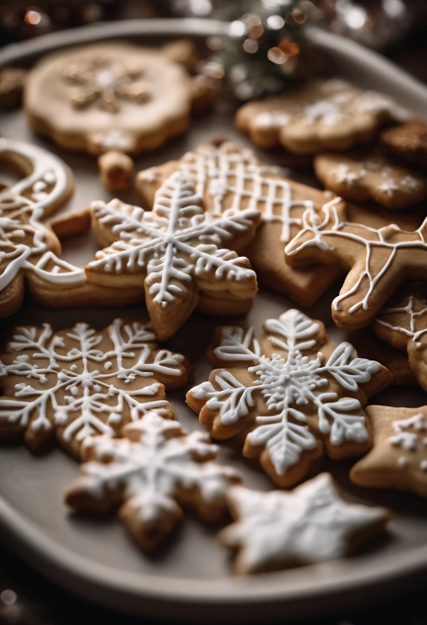 a close-up shot of a tray of beautifully decorated Christmas cookies, showcasing the intricate details of each design, from snowflakes to reindeer and everything in between