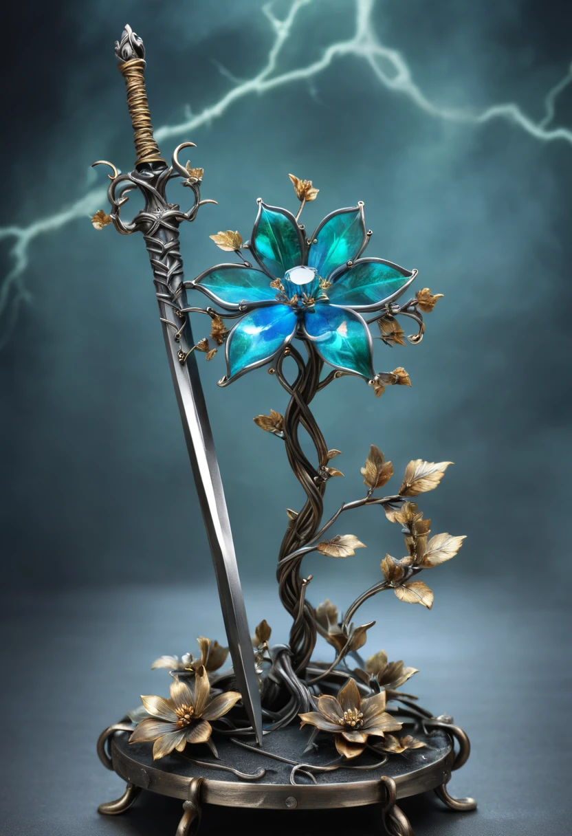 Magic Sword，Alloy iron flower，Alloy vines surround the magic sword,There are iron flowers on the sword，heavy metal style，metal art，flower made of iron，iron leaf，Full metallic luster，Metal texture in the post-industrial era，Crafts made from twisted alloy wire，gold flowers，Iron flower，Silver flower，metal tree branch，a crystal pendant，Emerald inlay，Carefully crafted，Perfect craftsmanship，Magic lightning background，blue lightning，There are fairies