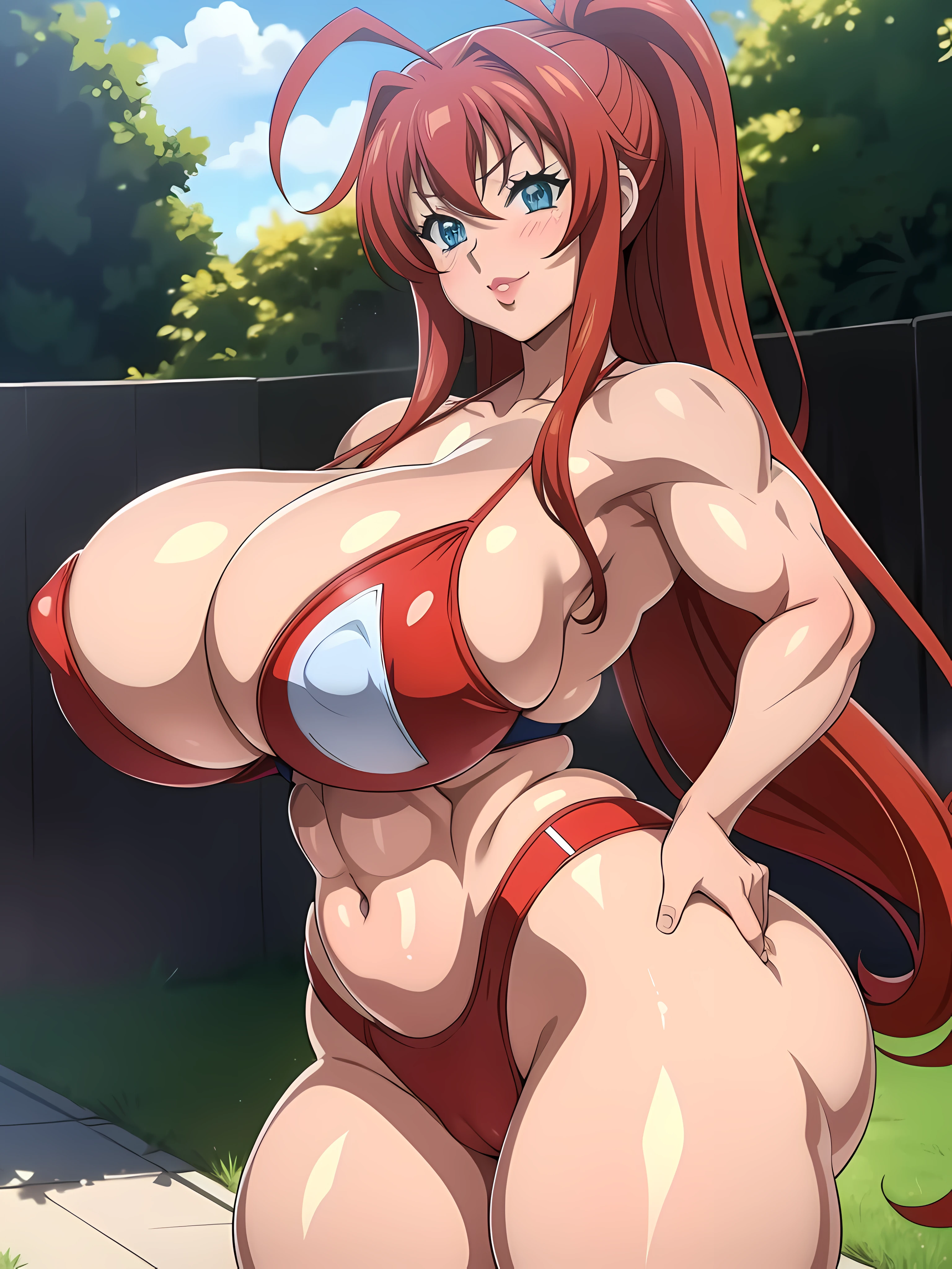 Highschool dxd, Rias Gremory, 1girl, (bimbo), blue eyes, puffy lips, painted lips, thick lips, wide hips, thick thighs, big breast, revealing cleavage, erotic, smile face, bubble butt, camel toe, hitomi Tanaka breasts , huge breasts, yoga pants, sports bra, posing, ((((huge muscles))))