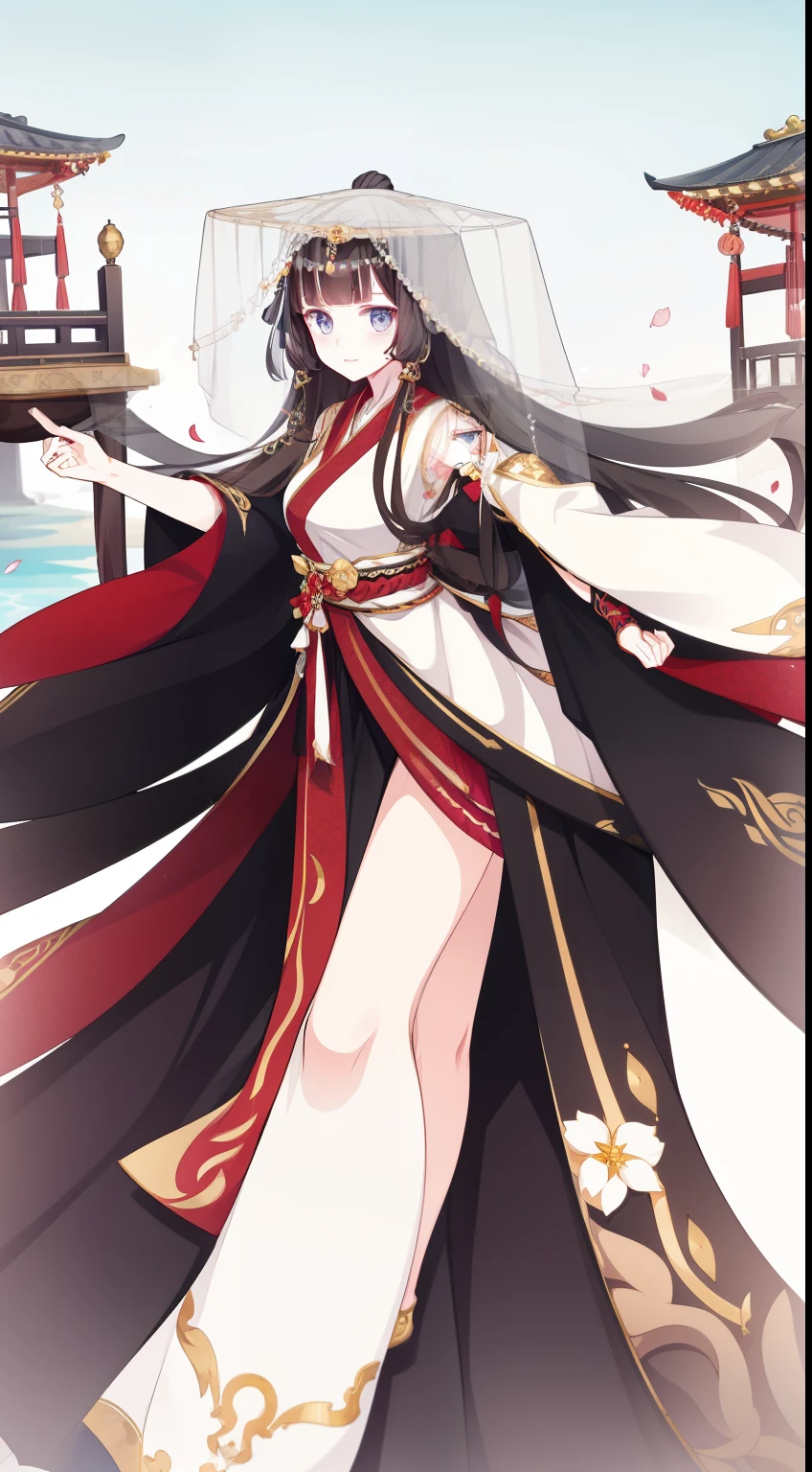 Young girls, Long brown hair,Floral headdress，hair adornments，jewely，eBlue eyes, veils，pale robe, Sleeveless, jumpping, Summer palace，Asian architecture，petals，tmasterpiece, high high quality