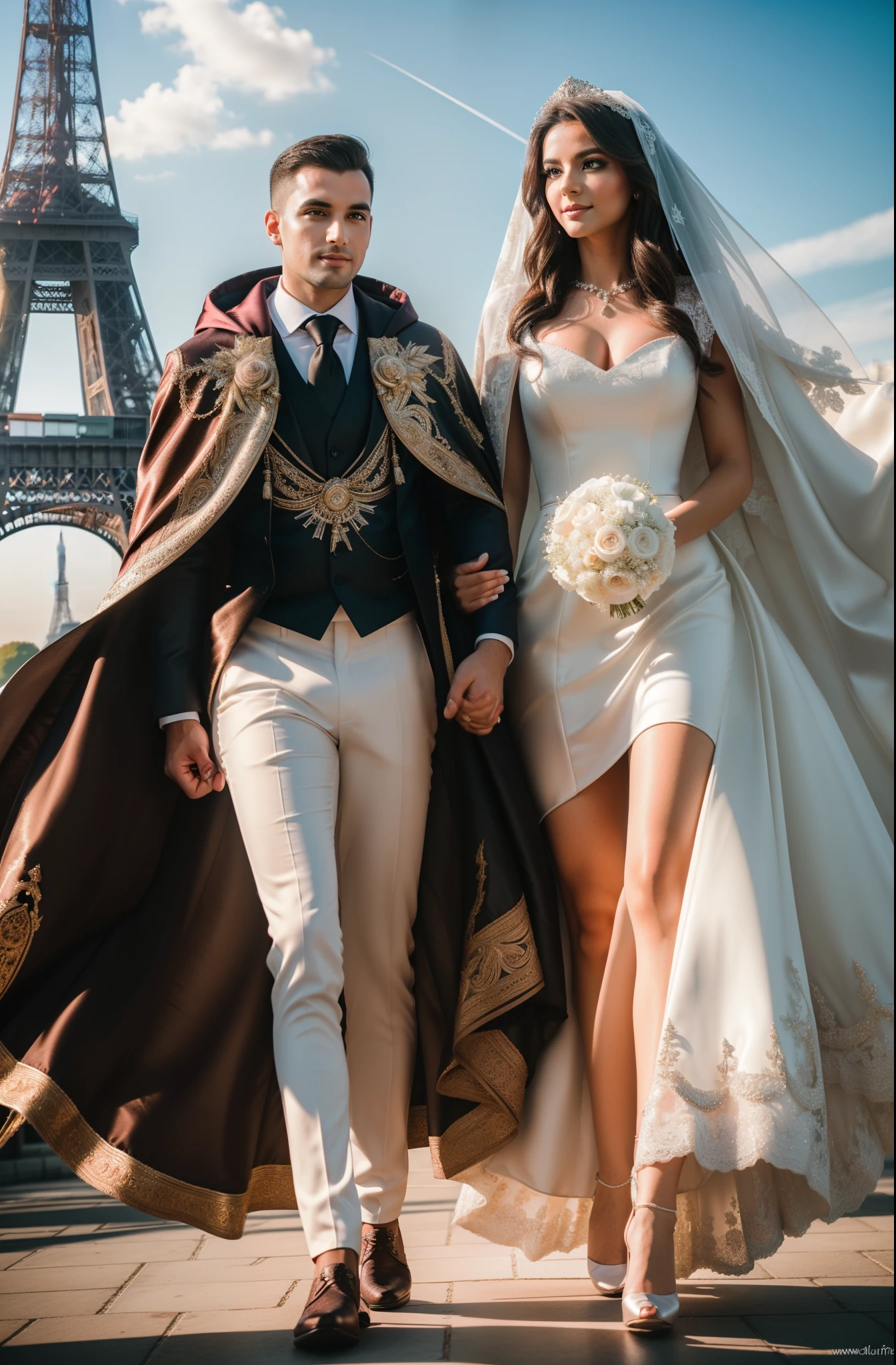 (generate a beautifull bride and a handsome groom, pre wedding photoshoot, eiffel tower background, luxury wedding gown. (luxury cloak), beautifull sky, beautifull scene, beautifull face, pretty face, beautifull eyes, beautifull nose, raytracing, beautifull fingers, beautifull hands, (4 fingers in 1 hand), full body photoshoot, pretty makeup, perfect anatomy, good lighting, professional photoshoot, sharp eye, fresh lips