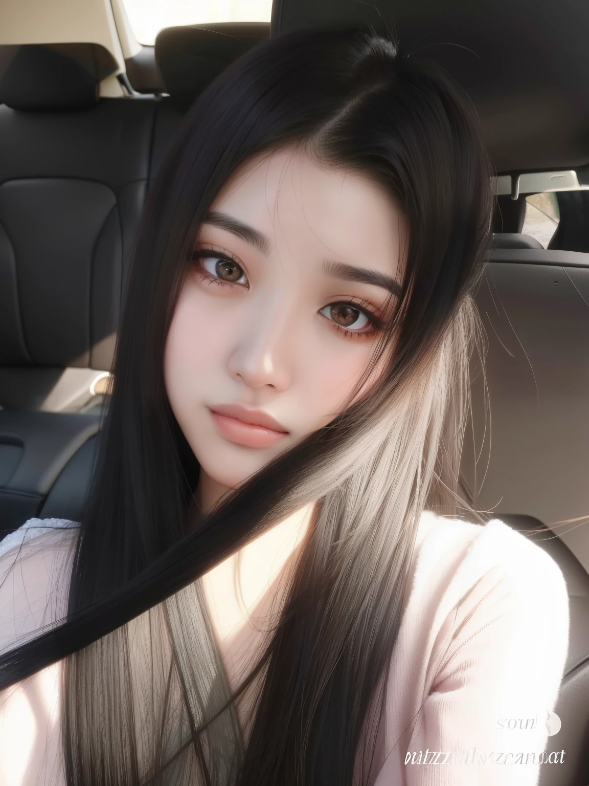 um close up de uma mulher com longos cabelos pretos sentada em um carro, menina coreana, menina bonito-fino-cara, young cute wan asian face, Ulzzang, young adorable korean face, wan adorable korean face, bonito rosto de anime natural, Mulher sul-coreana bonita, Asian girl with long hair, Beautiful Asian girl, south east asian with round face