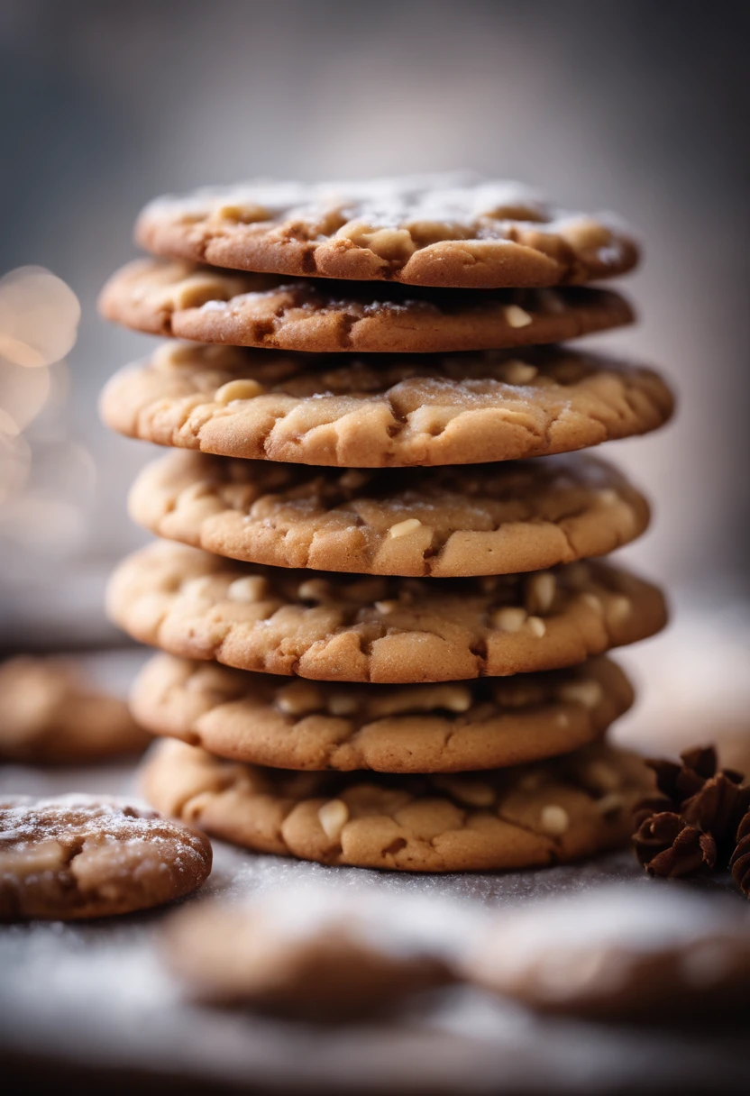 a creative shot of a stack of Christmas cookies with a blurred background, creating a dreamy and appetizing image