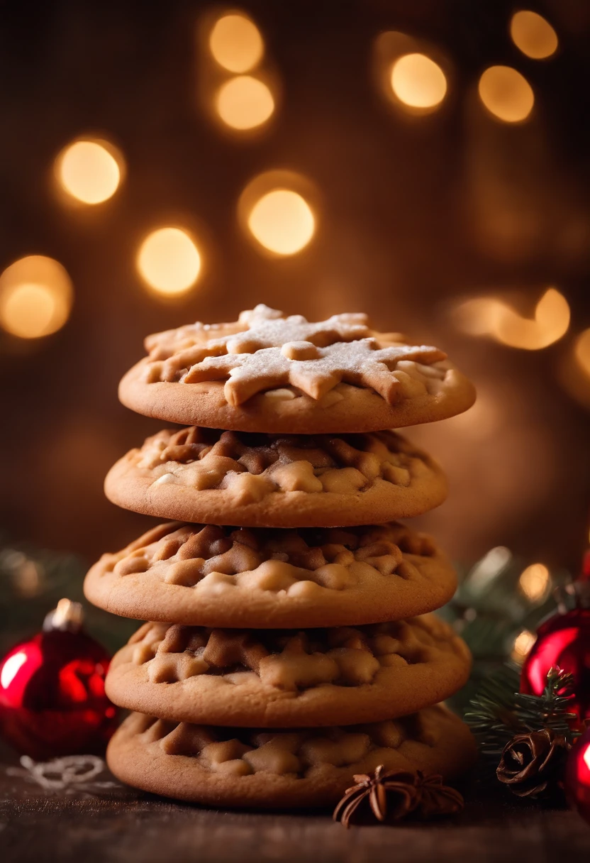a creative shot of a stack of Christmas cookies with a blurred background, creating a dreamy and appetizing image
