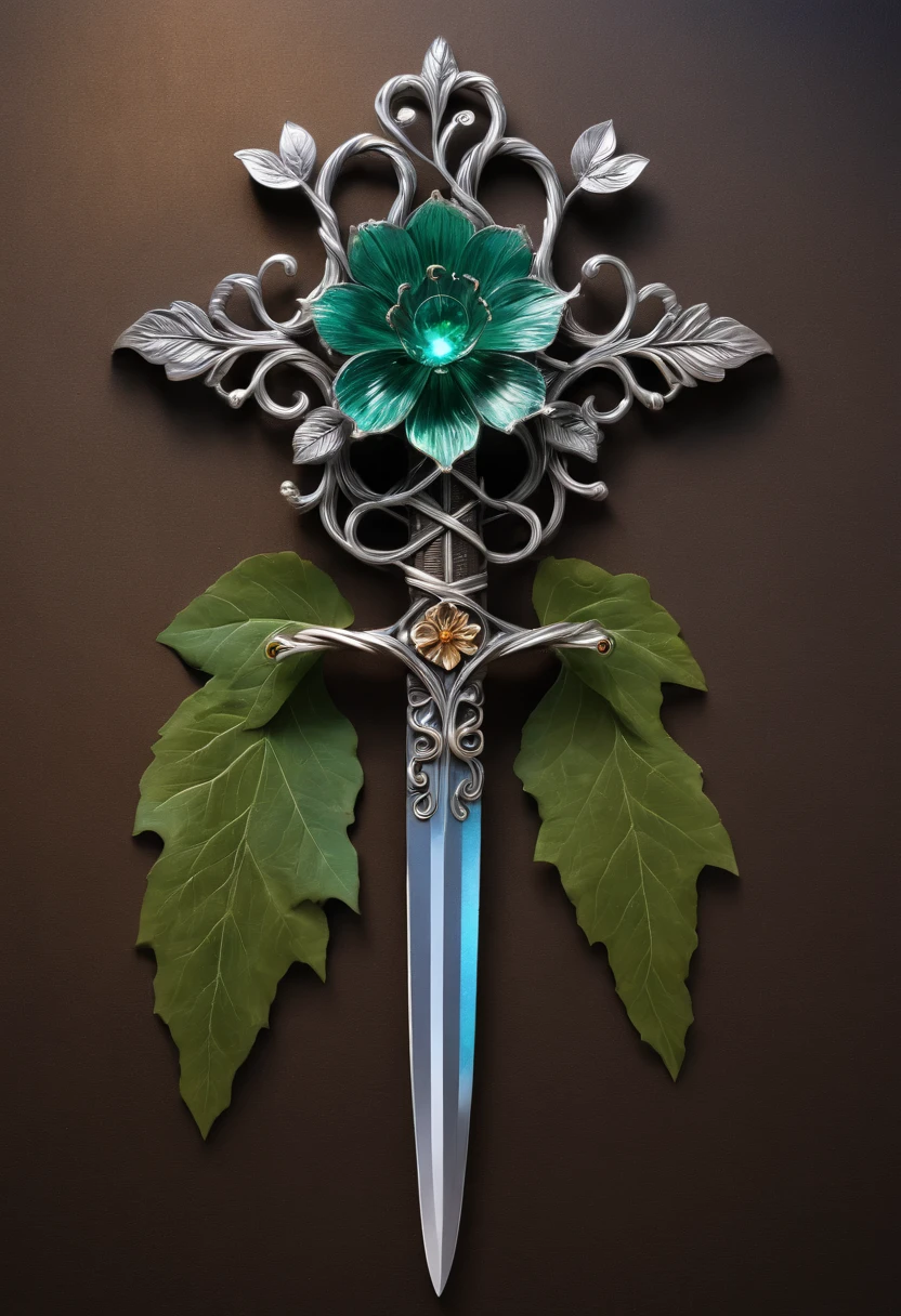Magic Sword,Alloy iron flower,Alloy vines surround the magic sword,There are iron flowers on the sword,heavy metal style,metal art,flower made of iron,iron leaf,Full metallic luster,Metal texture in the post-industrial era,Crafts made from twisted alloy wire,gold flowers,Iron flower,Silver flower,metal tree branch,a crystal pendant,Emerald inlay,Carefully crafted,Perfect craftsmanship,Magic lightning background,blue lightning,There are fairies