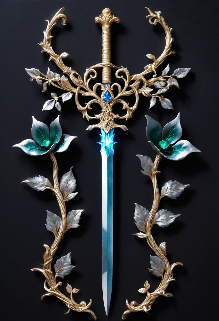 Magic Sword，Alloy iron flower，Alloy vines surround the magic sword,There are iron flowers on the sword，heavy metal style，metal art，flower made of iron，iron leaf，Full metallic luster，Metal texture in the post-industrial era，Crafts made from twisted alloy wire，gold flowers，Iron flower，Silver flower，metal tree branch，a crystal pendant，Emerald inlay，Carefully crafted，Perfect craftsmanship，Magic lightning background，blue lightning，There are fairies