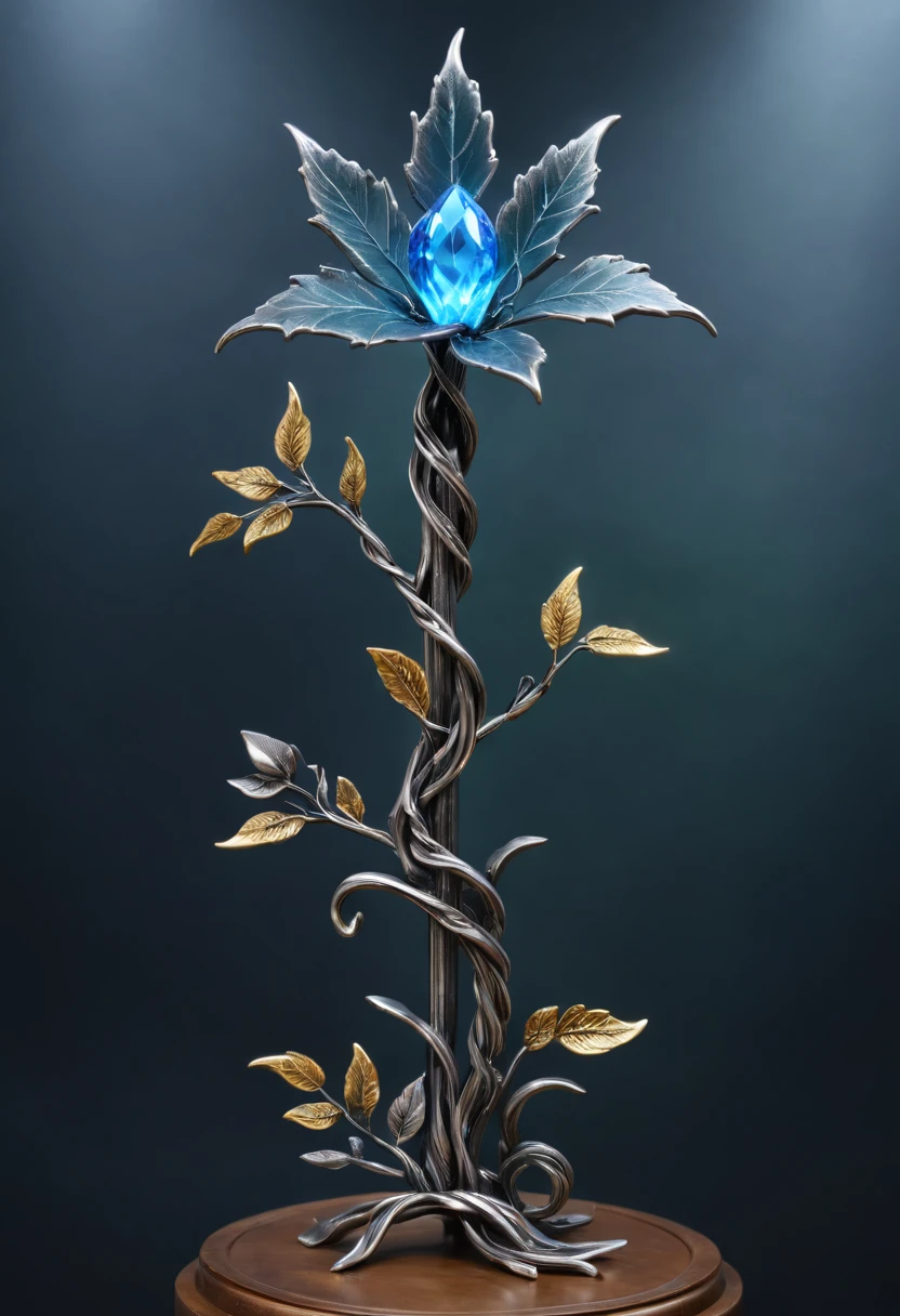 Magic Sword，Alloy iron flower，Alloy vines surround the magic sword,There are iron flowers on the sword，heavy metal style，metal art，flower made of iron，iron leaf，Full metallic luster，Metal texture in the post-industrial era，Crafts made from twisted alloy wire，gold flowers，Iron flower，Silver flower，metal tree branch，a crystal pendant，Emerald inlay，Carefully crafted，Perfect craftsmanship，Magic lightning background，blue lightning，There are fairies
