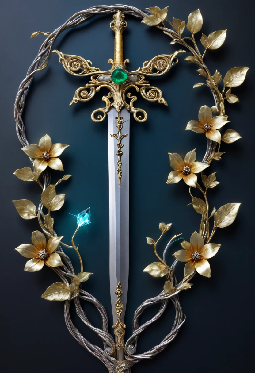 Magic Sword，Alloy iron flower，Alloy vines surround the magic sword,There are iron flowers on the sword，heavy metal style，metal art，flower made of iron，iron leaf，Full metallic luster，Metal texture in the post-industrial era，Crafts made from twisted alloy wire，gold flowers，Iron flower，Silver flower，metal tree branch，a crystal pendant，Emerald inlay，well-built，Perfect craftsmanship，Magic lightning background，blue lightning，There are fairies
