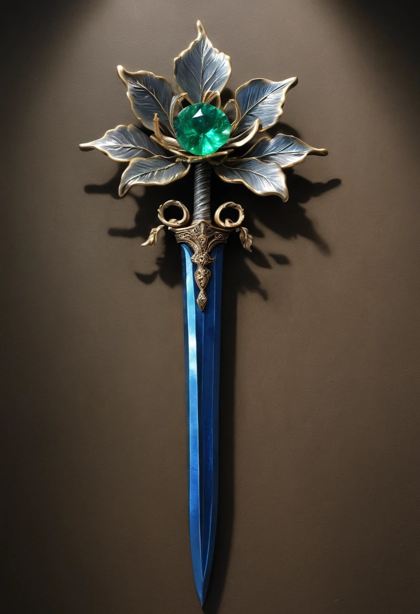 Magic Sword，Alloy iron flower，Alloy vines surround the magic sword,There are iron flowers on the sword，heavy metal style，metal art，flower made of iron，iron leaf，Full metallic luster，Metal texture in the post-industrial era，Crafts made from twisted alloy wire，gold flowers，Iron flower，Silver flower，metal tree branch，a crystal pendant，Emerald inlay，well-built，Perfect craftsmanship，Magic lightning background，blue lightning，There are fairies
