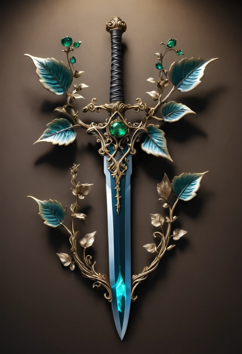 Magic Sword,Alloy iron flower,Alloy vines surround the magic sword,There are iron flowers on the sword,heavy metal style,metal art,flower made of iron,iron leaf,Full metallic luster,Metal texture in the post-industrial era,Crafts made from twisted alloy wire,gold flowers,Iron flower,Silver flower,metal tree branch,a crystal pendant,Emerald inlay,well-built,Perfect craftsmanship,Magic lightning background,blue lightning,There are fairies