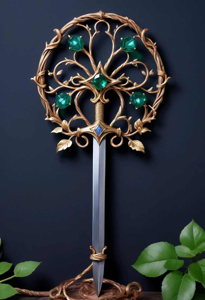 Magic Sword,Alloy iron flower,Alloy vines surround the magic sword,There are iron flowers on the sword,heavy metal style,metal art,flower made of iron,iron leaf,Full metallic luster,Metal texture in the post-industrial era,Crafts made from twisted alloy wire,gold flowers,Iron flower,Silver flower,metal tree branch,a crystal pendant,Emerald inlay,well-built,Perfect craftsmanship,Magic lightning background,blue lightning,There are fairies