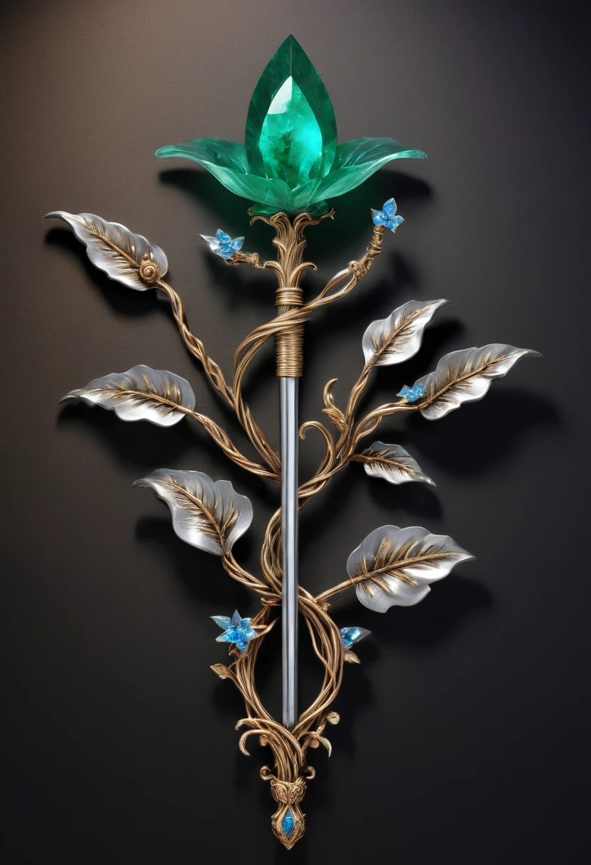 Magic Sword,Alloy iron flower,Alloy vines surround the magic sword,There are iron flowers on the sword,heavy metal style,metal art,flower made of iron,iron leaf,Full metallic luster,Metal texture in the post-industrial era,Crafts made from twisted alloy wire,gold flowers,Iron flower,Silver flower,metal tree branch,a crystal pendant,Emerald inlay,well-built,Perfect craftsmanship,Magic lightning background,blue lightning,There are fairies