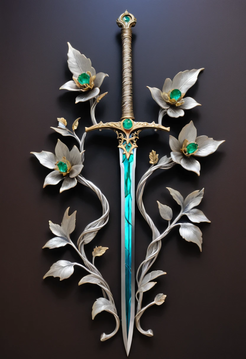 Magic Sword,Alloy iron flower,Alloy vines surround the magic sword,There are iron flowers on the sword,heavy metal style,metal art,flower made of iron,iron leaf,Full metallic luster,Metal texture in the post-industrial era,Crafts made from twisted alloy wire,gold flowers,Iron flower,Silver flower,metal tree branch,a crystal pendant,Emerald inlay,well-built,Perfect craftsmanship,Magic lightning background,blue lightning,There are fairies