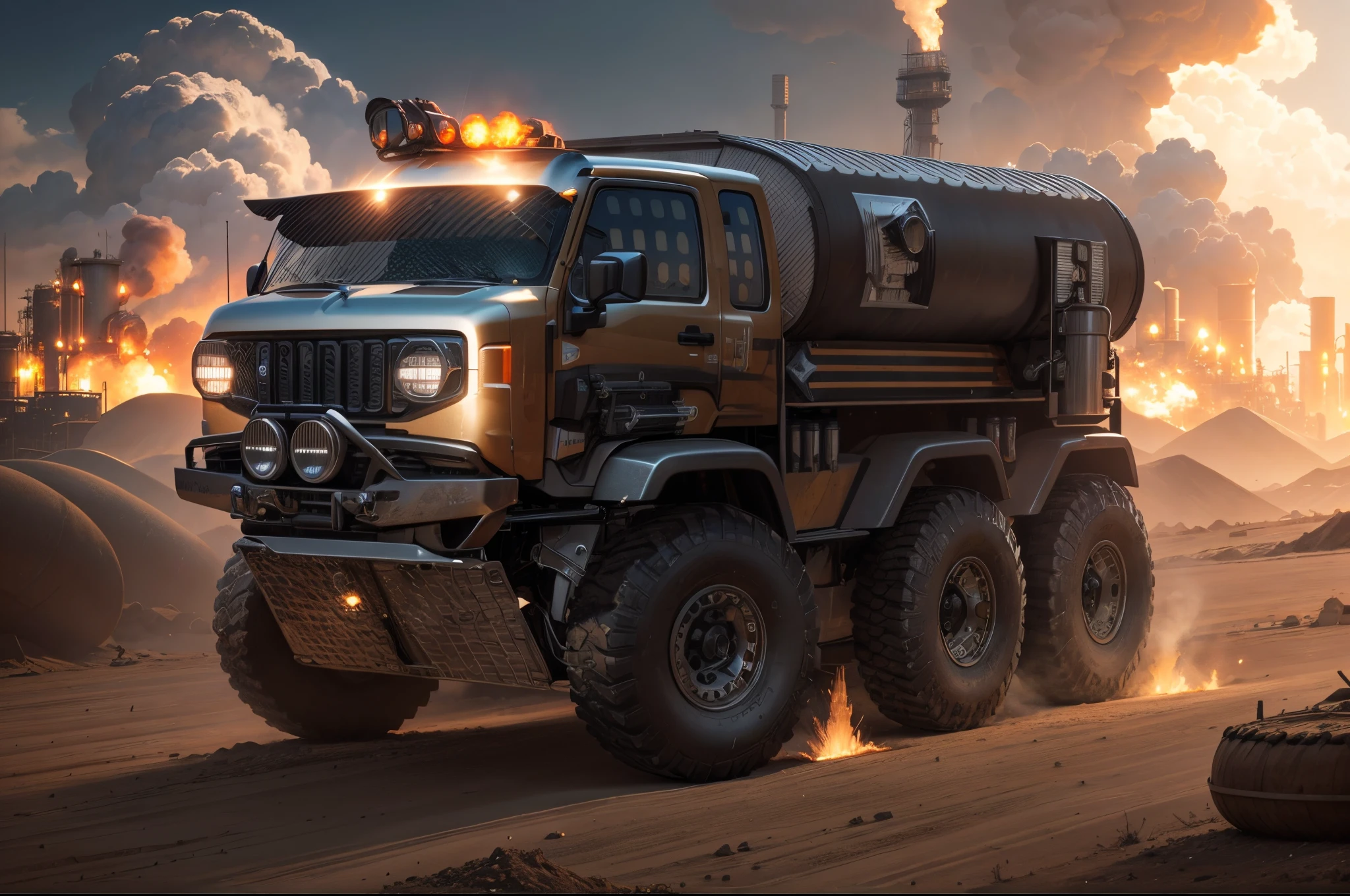 Impressive and powerful metallic truck with various rescue accessories, like shovels and axes, enormes rodas BBS, headlights on and on, in the background buildings and construction of an oil refinery with some jets of fire and flames shooting into the air
