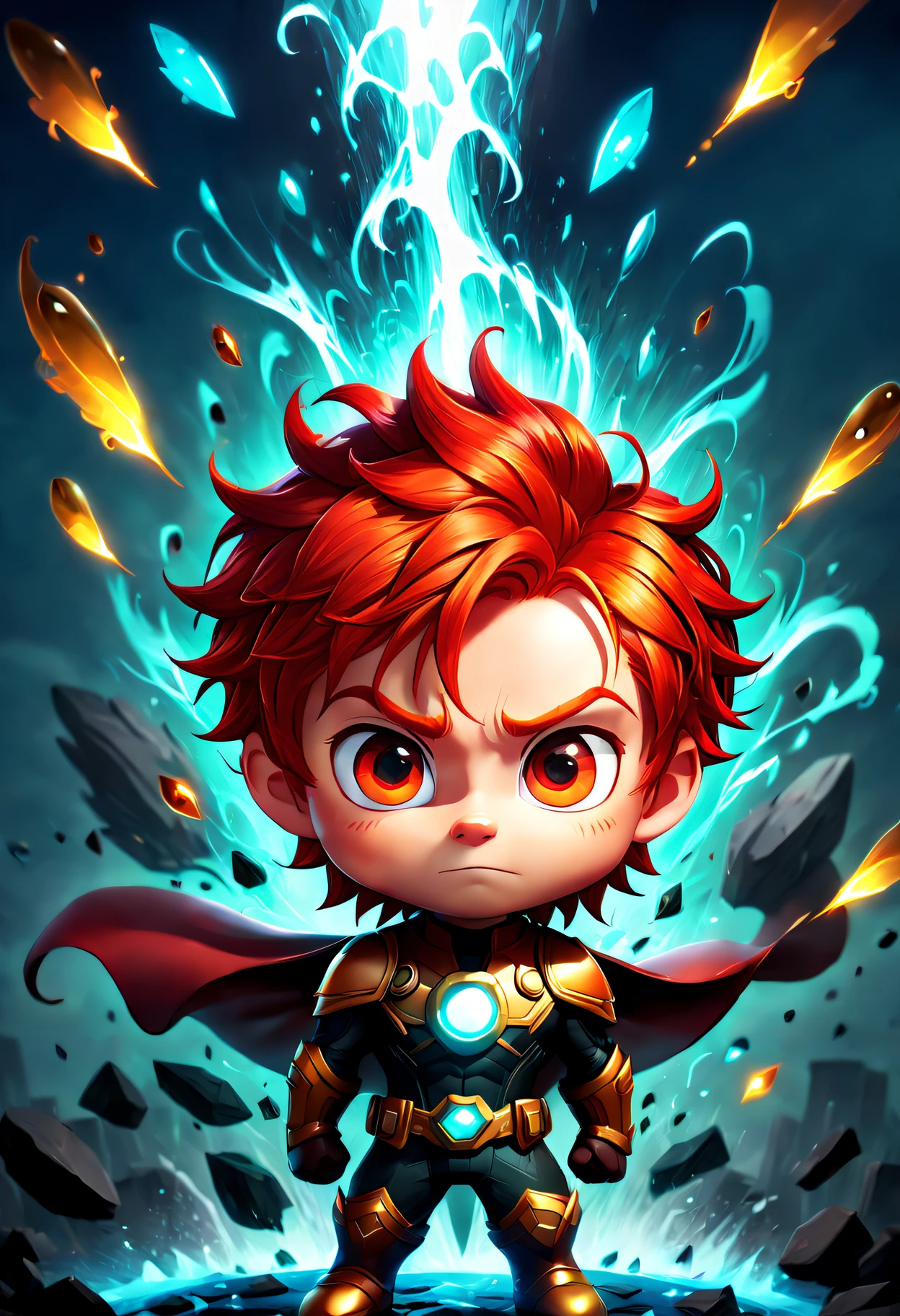 Cartoon character of a red-haired boy，eyes glowing，Red hair, Iconic character splash art, heroes 2d fan art artstation, advanced digital chibi art, hero character art, character splash art, artstation for kids art, epic digital art illustration, mobile game art, tchibi, heroic figure, epic character art, Official splash art, cgartists
