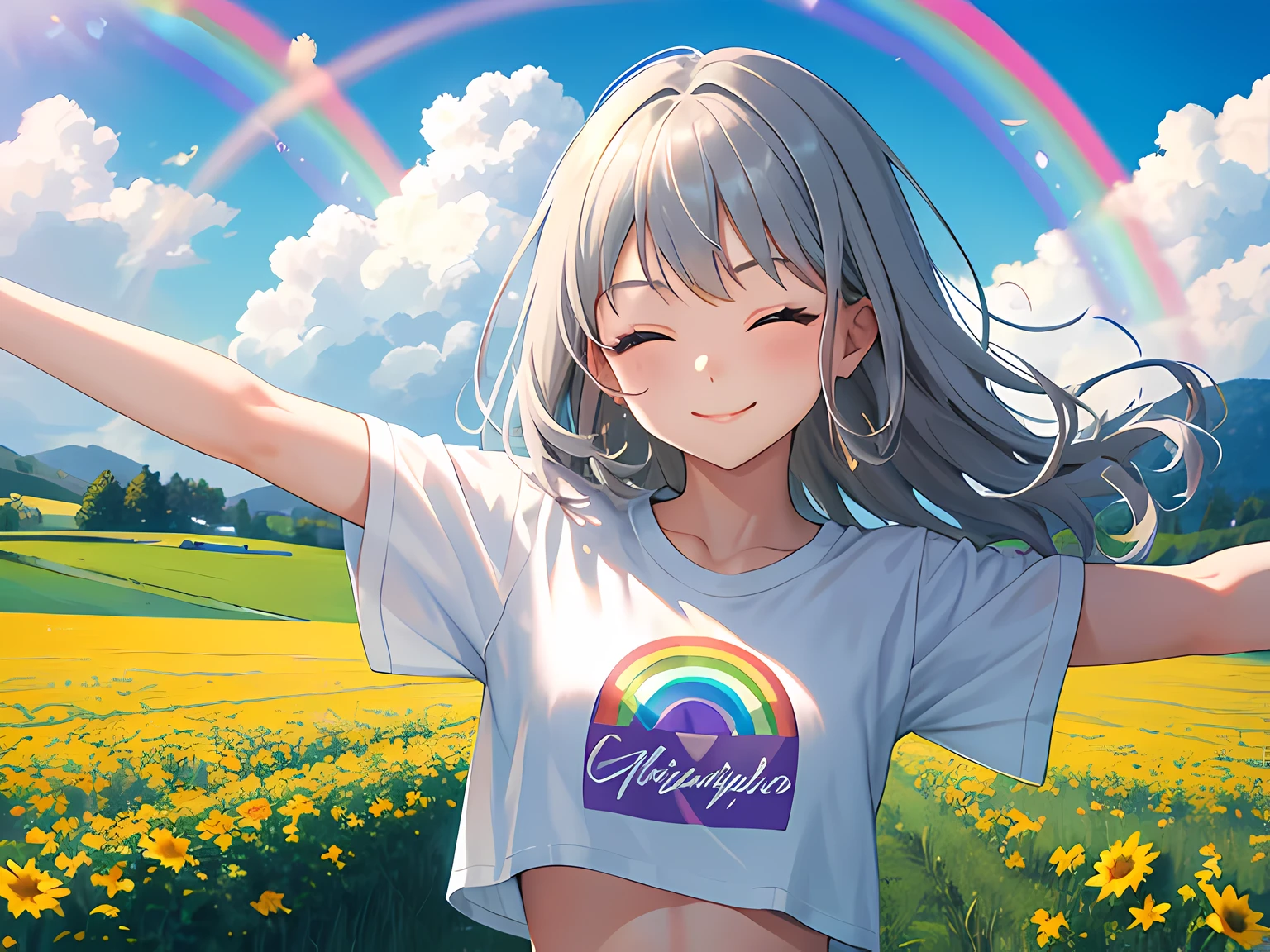 masterpiece, best quality, 1 girl, gray hair, (eyes closed), t shirt, midriff, smile, arms raised, outdoors, field, sunny day, rainbow in background, landscape, pastel rainbow