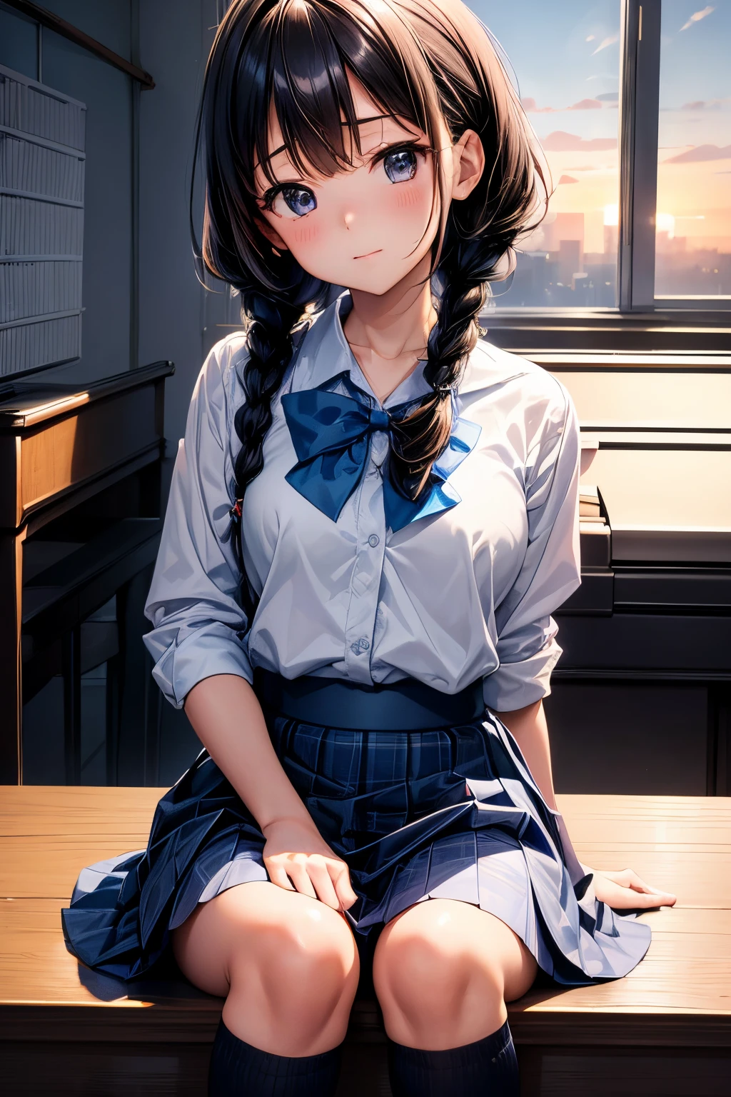 (8K, Best Quality, masutepiece:1.2)、超A high resolution、1 16-year-old female、Detailed fingers、head tilt、detailed face、deep detailed eyes、happy、long sleeve school uniform、navy skirt in plaid skirt、Black hair、twin braids、独奏、Detailed fingers、((There is a grand piano)) ,School Music Room、Sunset