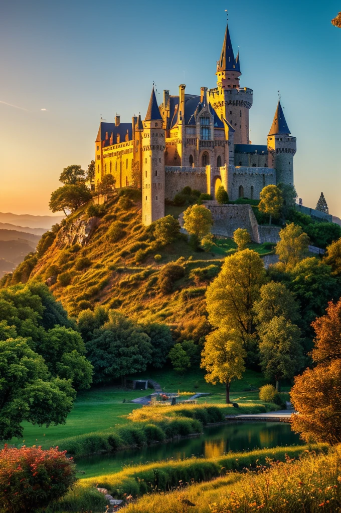 (best quality, 4k, 8k, high resolution, masterpiece: 1.2), ultra-detailed, (realistic, photorealistic, photorealistic: 1.37), professional, vivid colors, cinematic wallpaper, medieval castle on a hill, photography fine art, golden hour lighting, high definition, highly detailed, hdr