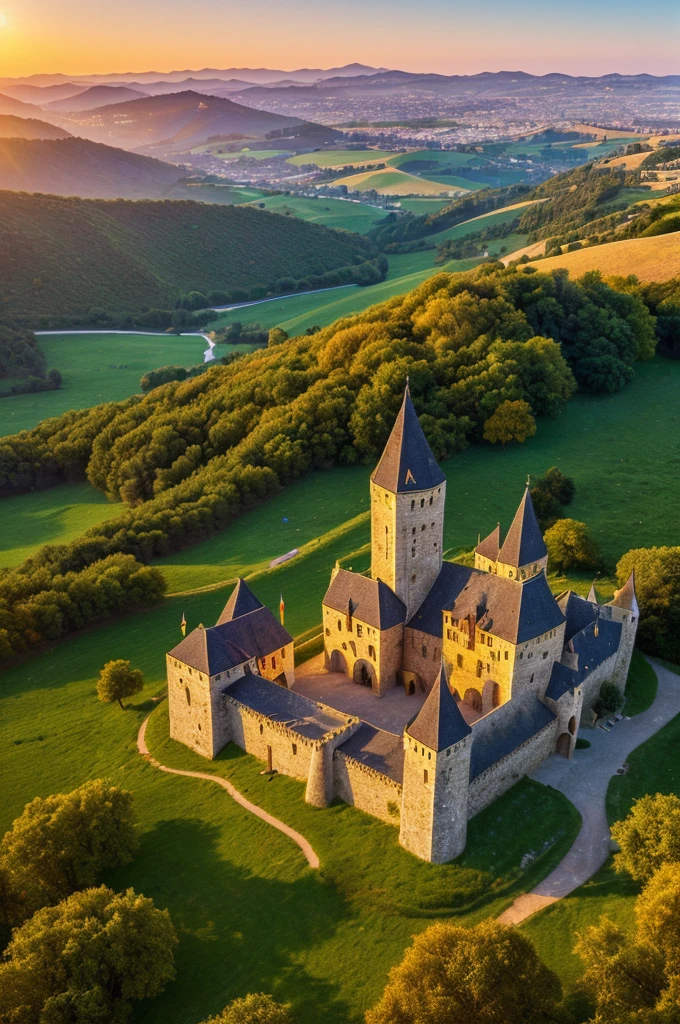 (best quality, 4k, 8k, high resolution, masterpiece: 1.2), ultra-detailed, (realistic, photorealistic, photorealistic: 1.37), professional, vivid colors, cinematic wallpaper, medieval castle on a hill, photography fine art, golden hour lighting, high definition, highly detailed, hdr