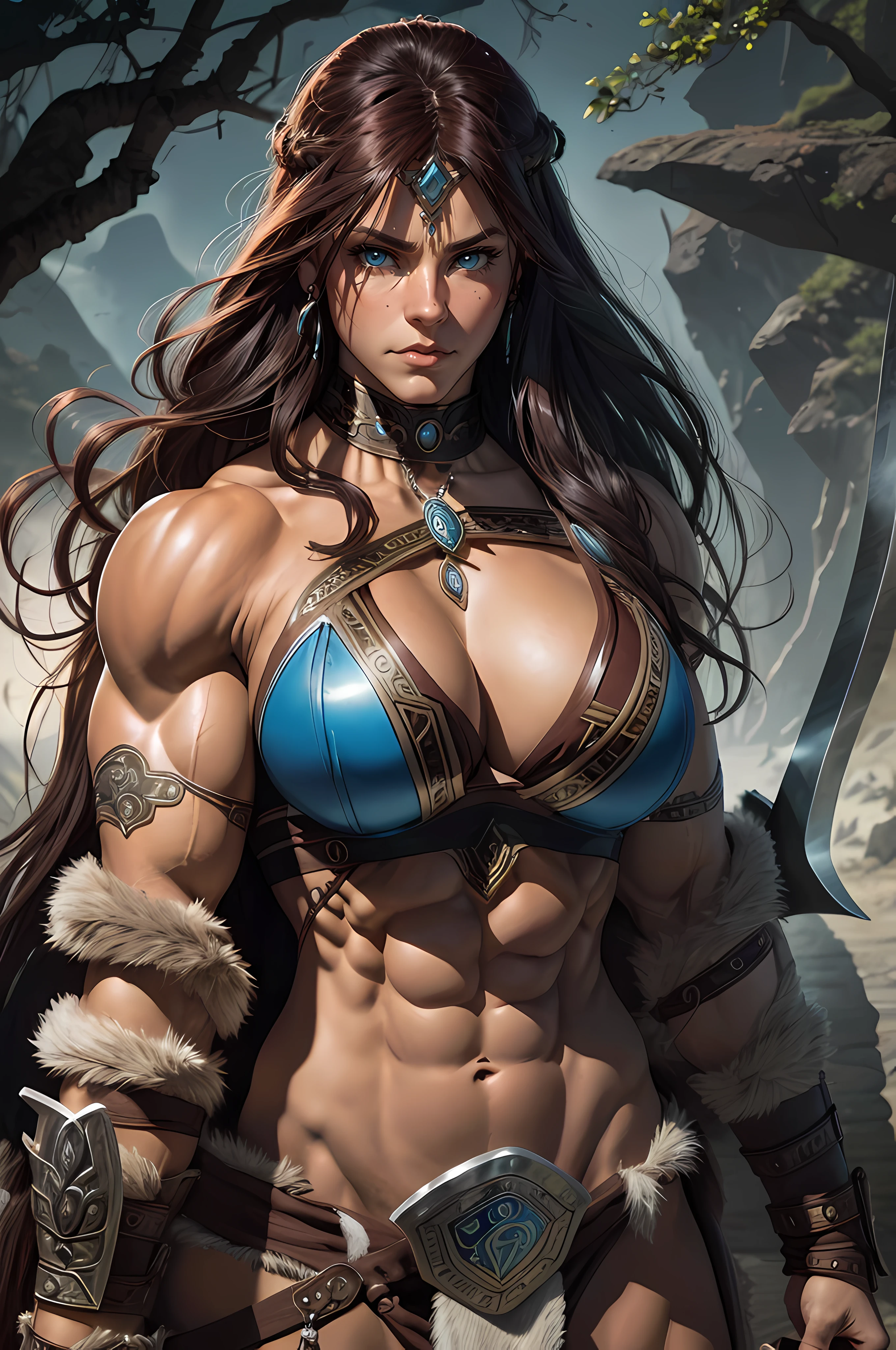 um close up de uma mulher com uma espada e um capacete em, Como ilustrado em Top Cow Comics, david finch, zenescope, barbarian woman, Directed by: Mark Brooks, inspirado por Mark Brooks, barbarian warrior woman, Mark Brooks detalhou, very beautiful female barbarian, Adrian Smith Arte de fantasia, uma mulher berserker muito bonita, Marcos Silvestri, arte da capa dos quadrinhos, ((((huge muscles))))Beautiful