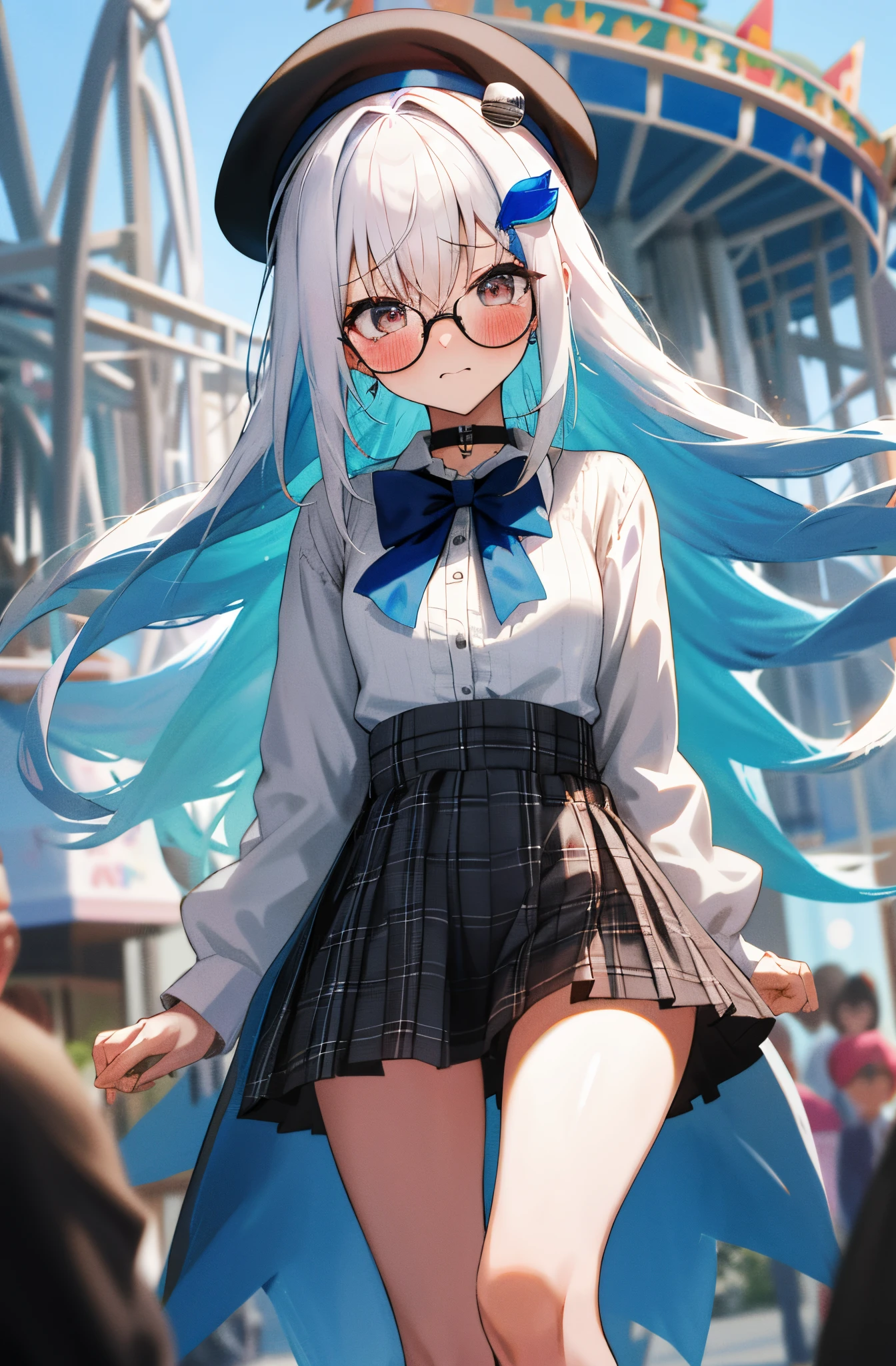 One girl with long hair, white hair, blue inner hair, looking at viewer, embarrassed, blushing, tears, outdoor, Amusement parks, sweaters, bowtie, beret, plaid mini skirt, high hip skirt, thigh, slim, dizzy, choker, mid-chest, wide hips, perfect waist, spread legs, day atmosphere, hair ornament, standing, glasses, (embarrassed:1.0)