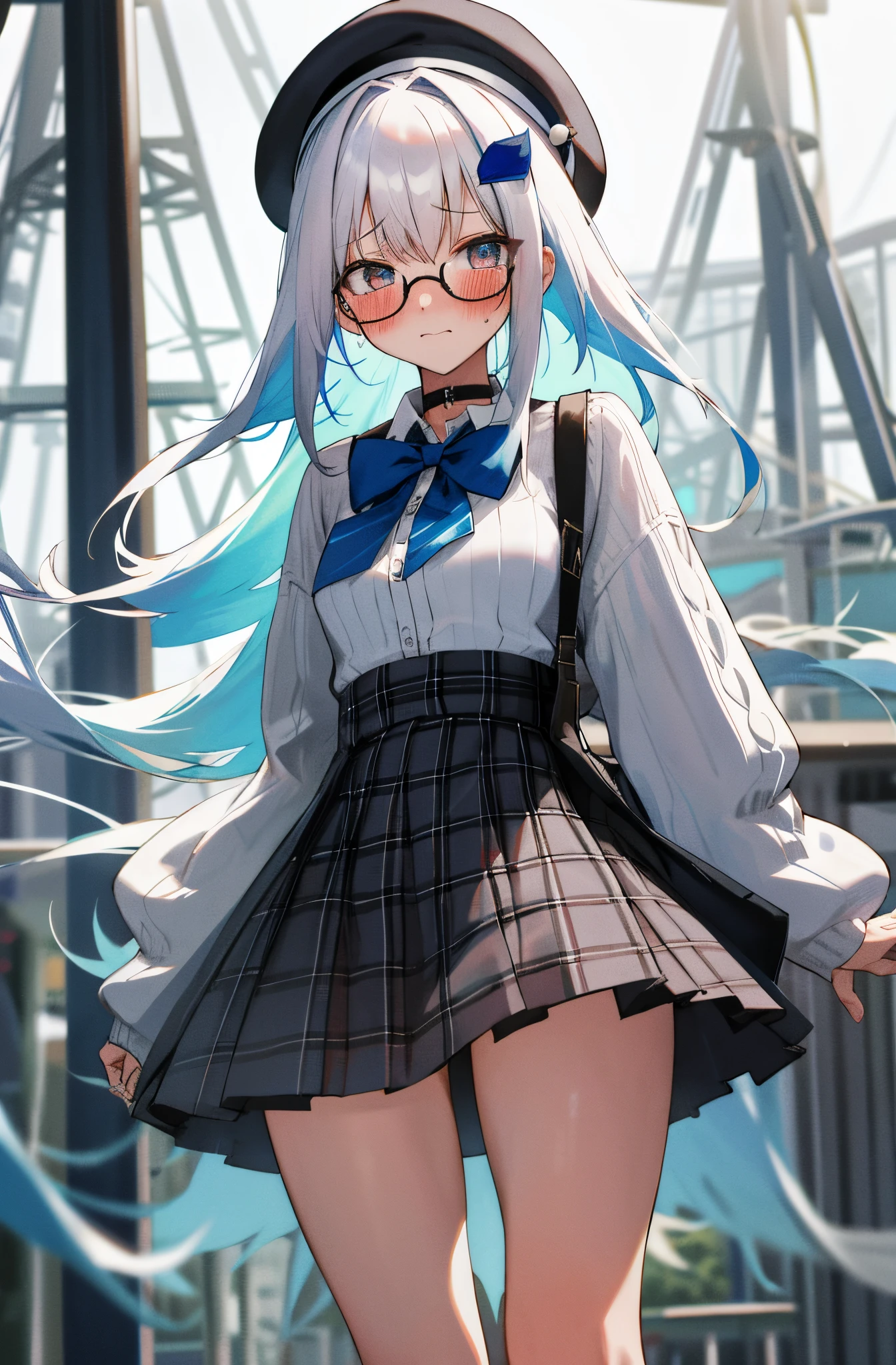 One girl with long hair, white hair, blue inner hair, looking at viewer, embarrassed, blushing, tears, outdoor, Amusement parks, sweaters, bowtie, beret, plaid mini skirt, high hip skirt, thigh, slim, dizzy, choker, mid-chest, wide hips, perfect waist, spread legs, day atmosphere, hair ornament, standing, glasses, (embarrassed:1.0)