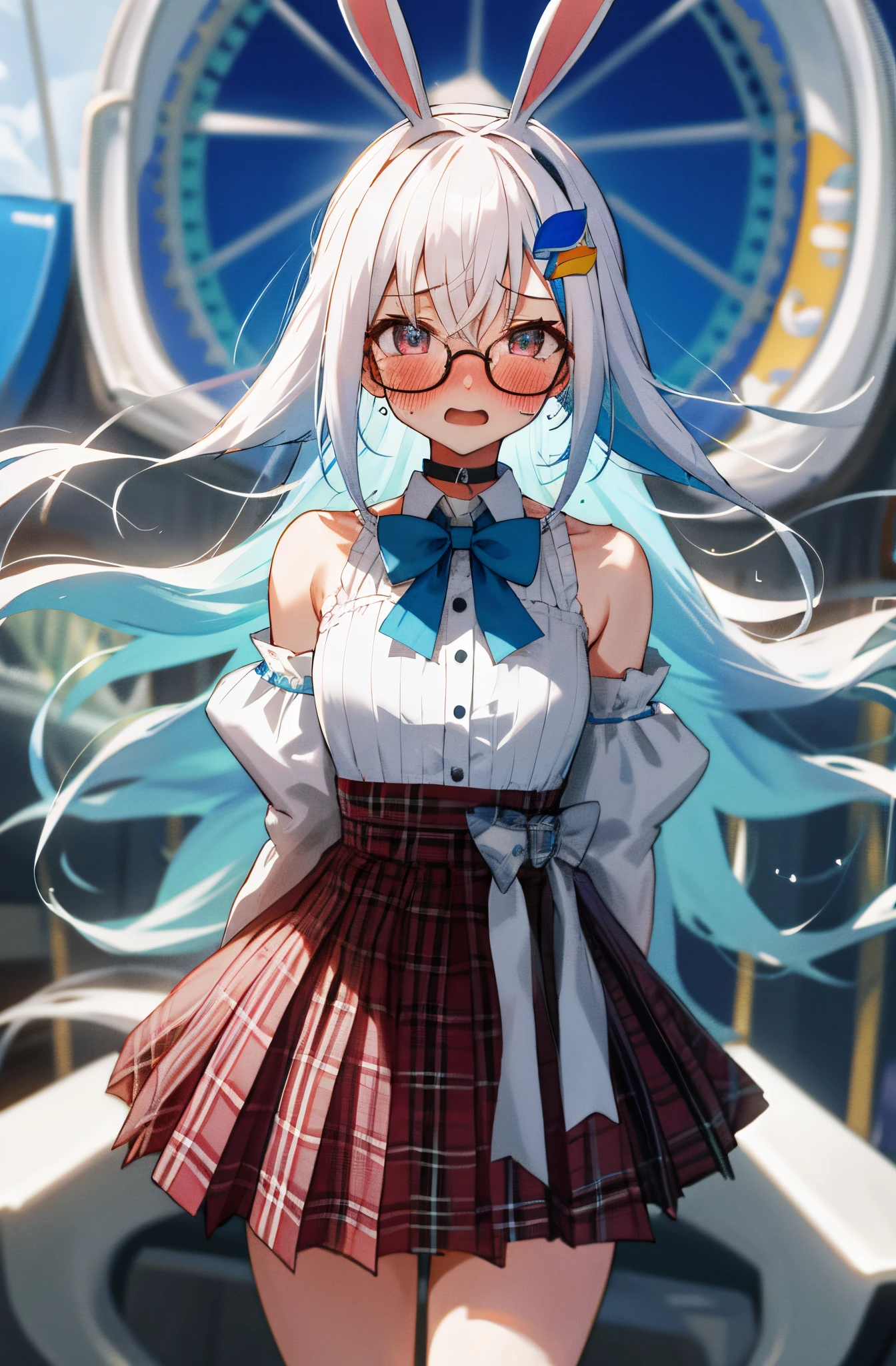 One girl with long hair, white hair, blue inner hair, looking at viewer, embarrassed, blushing, tears, open mouth, outdoor, Amusement parks, bunny headband, sweaters, bare shoulders, bowtie, plaid mini skirt, slim, dizzy, choker, mid-chest, wide hips, perfect waist, spread legs, day atmosphere, hair ornament, standing, glasses, (embarrassed:1.0)