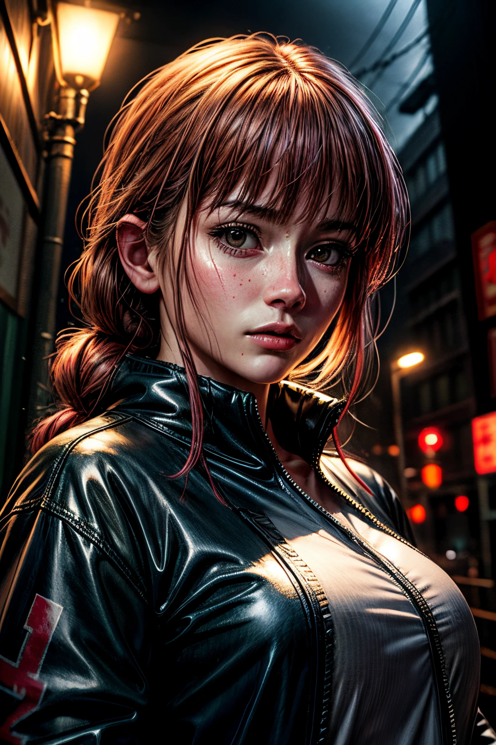 8k, Foto RAW, best quality, master part:1.2),(Realistic, photo-realistic:1.37),Tokyo street,Noite, chuva, Wet,Cityscape,Noite, CIDADE CYBERPUNK,luz suave,1girl,, rosto extremamente bonito,busto,put down hands,Hairstyle Random,random hair color,random expression,Pigsney