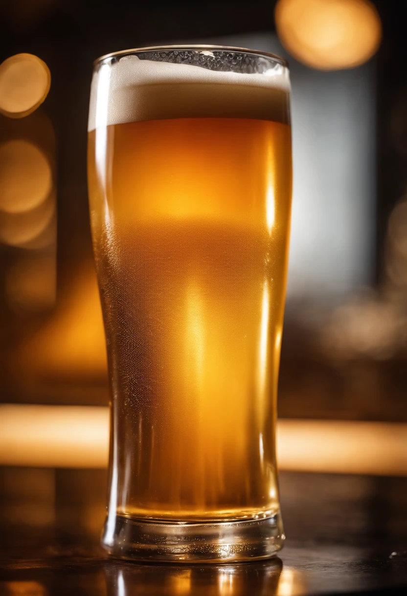 Capture a close-up shot of a perfectly poured beer, showcasing the golden hue, rich foam, and tantalizing condensation on the glass