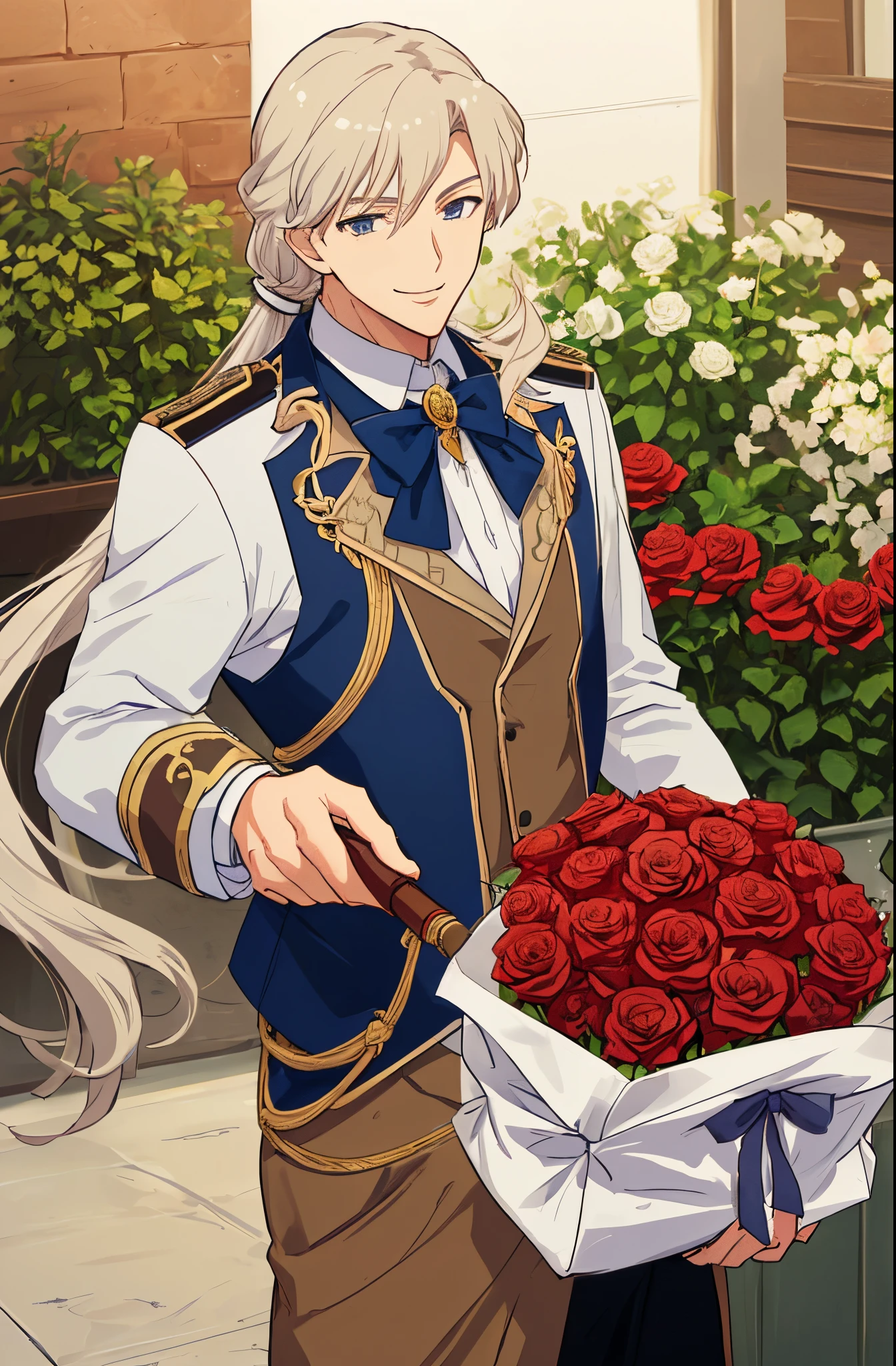 Man with long white hair,quadratic element,western gentleman ,Shinkai sincerely,cool guy,ellegance,Holding roses,ssmile
