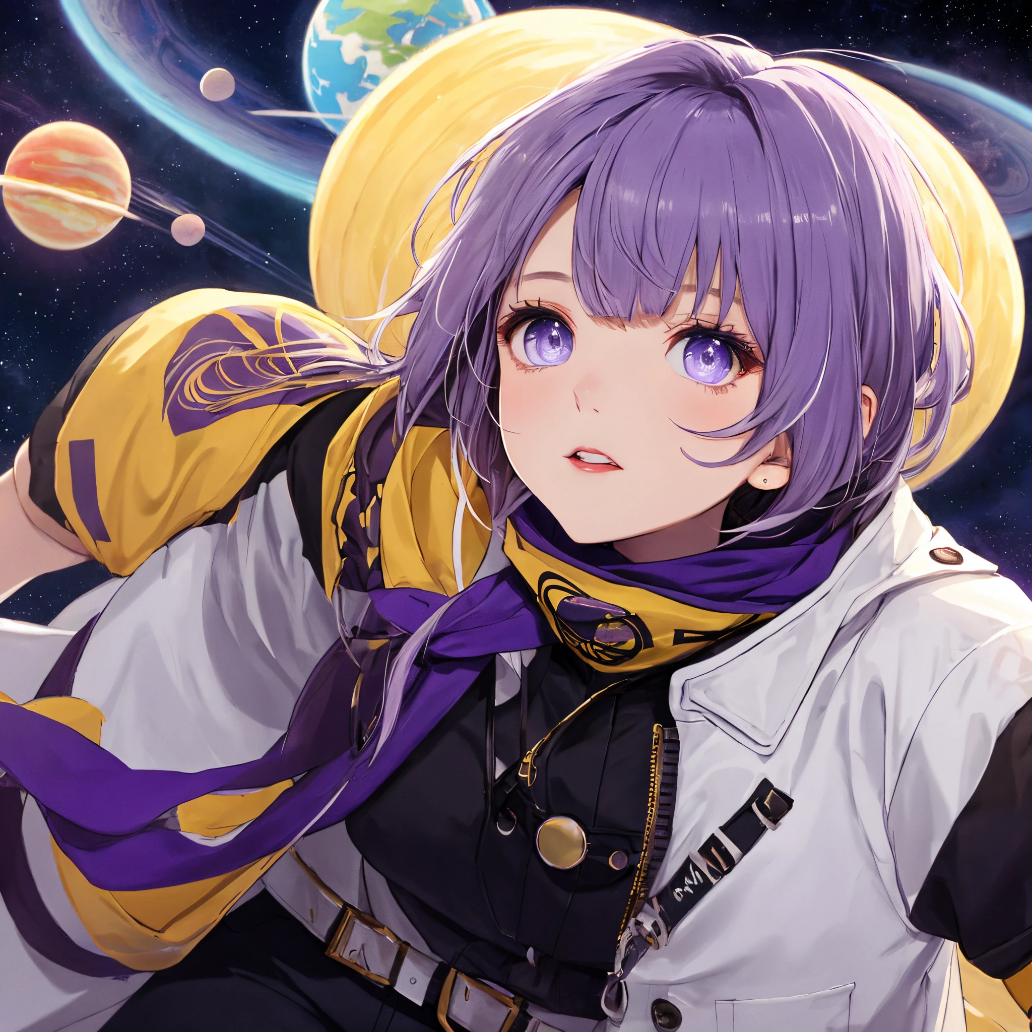 Menina olhos azuis, cabelo curto castanho com mechas roxas  raspado nas laterais com uma franja, jaqueta de couro preta, blusa preta com o planeta saturno prata, black pant, purple scarf around the neck and purple combat boots
