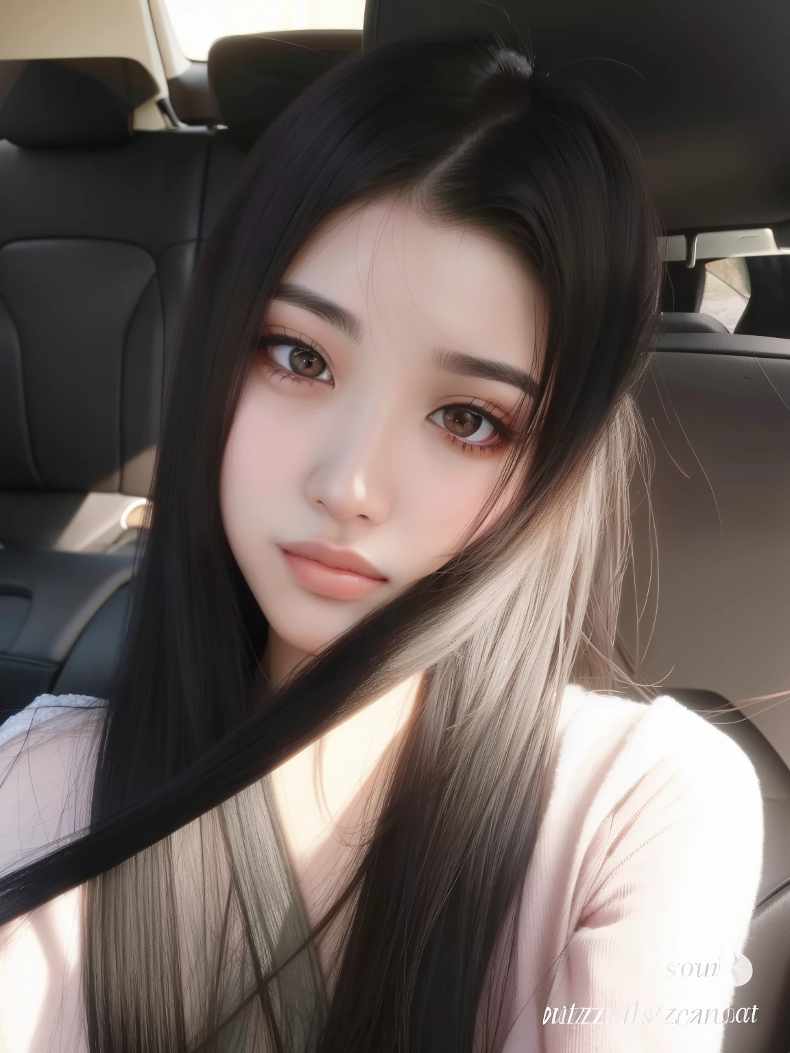 um close up de uma mulher com longos cabelos pretos sentada em um carro, menina coreana, menina bonito-fino-cara, young cute wan asian face, Ulzzang, young adorable korean face, wan adorable korean face, bonito rosto de anime natural, Mulher sul-coreana bonita, Asian girl with long hair, Beautiful Asian girl, south east asian with round face