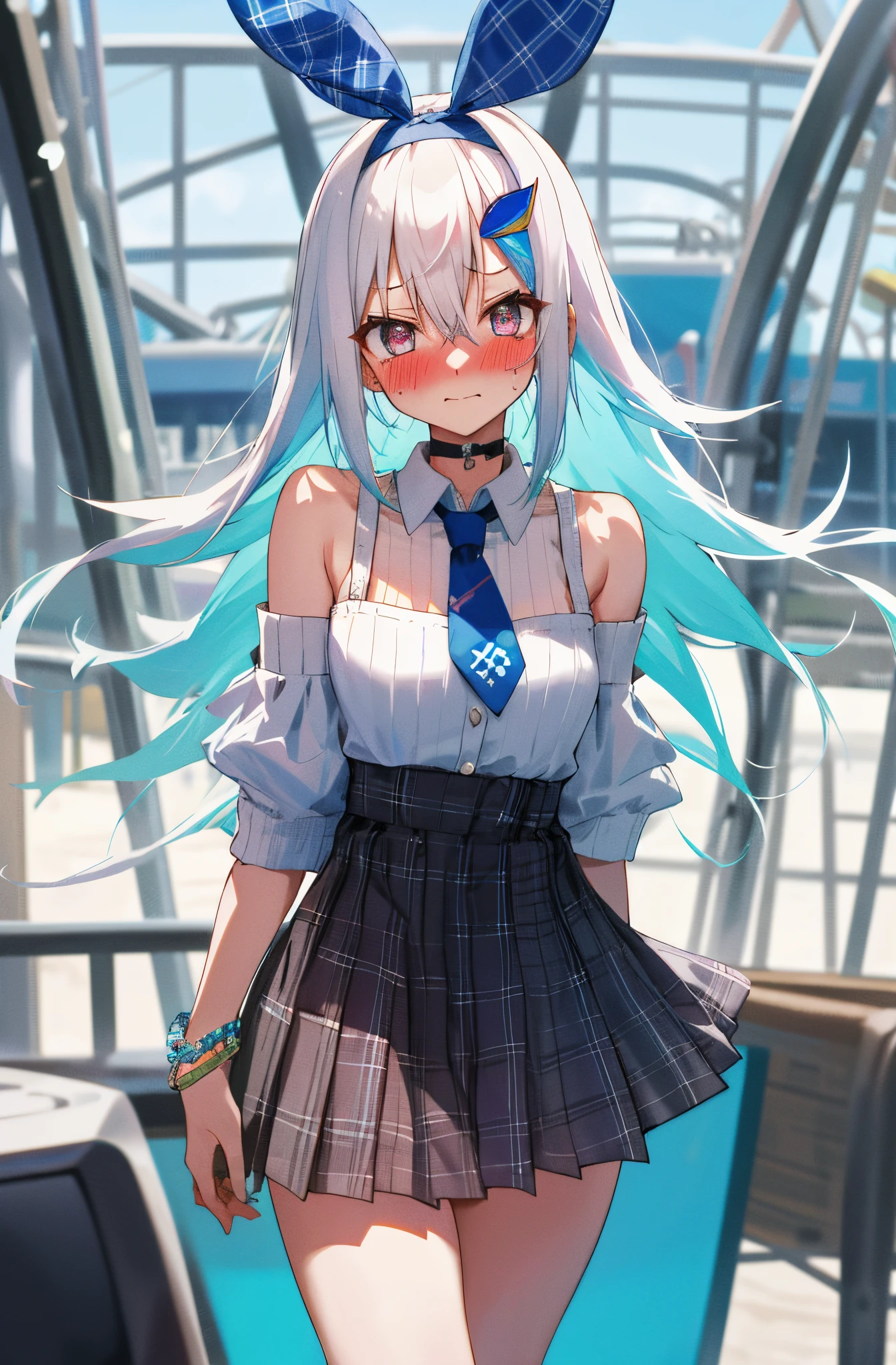 One girl with long hair, white hair, blue inner hair, looking at viewer, embarrassed, blushing, tears, outdoor, Amusement parks, bunny headband, sweaters, bare shoulders, necktie, plaid mini skirt, thigh, slim, dizzy, choker, mid-chest, wide hips, perfect waist, day atmosphere, hair ornament, standing, waiting, bracelet, (embarrassed:1.0)