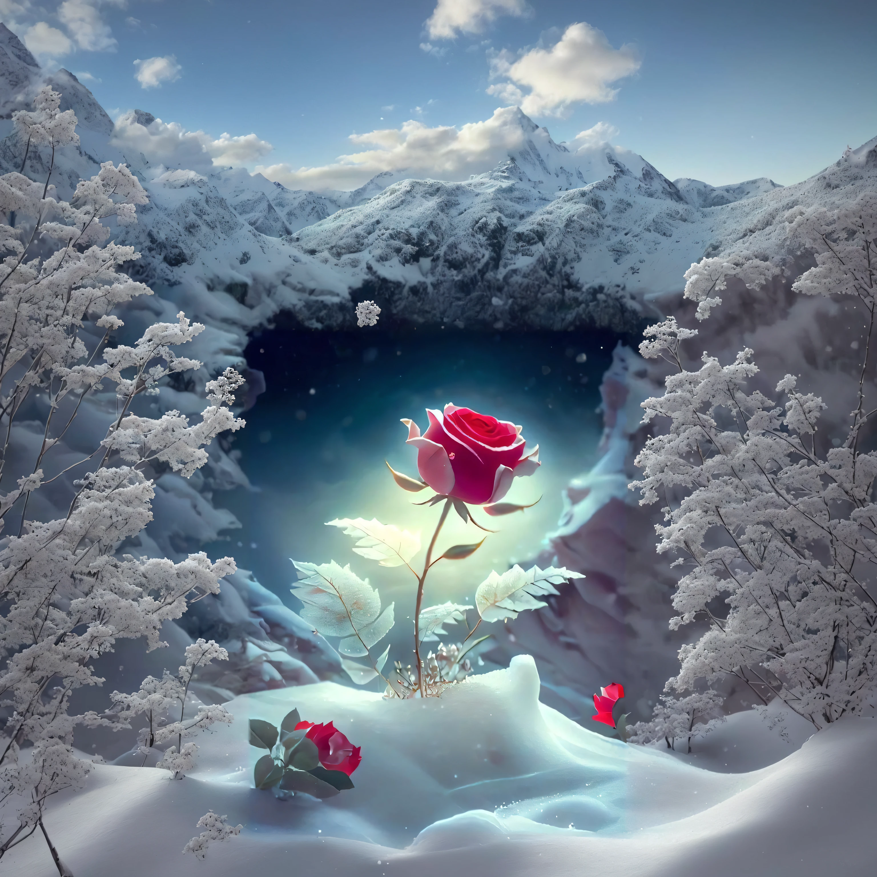 there is a rose that is sitting in the snow, rosses, hermoso fondo de pantalla, con flores congeladas a su alrededor, Hermoso arte digital, foto muy bonita, beautiful composition 3 - d 4 k, hermoso, rosa roja, Hermosa obra de arte digital, rosa, magic flowers, stunningly rapturously gorgeous, Arte digital muy bonito, Hermosa HD, Gemelo de rosas, foto de perfil, beautiful nature, a big sky with white clouds, to the right, snow-capped mountains, and to the left, above the foot of the mountain, a winged angel watching it