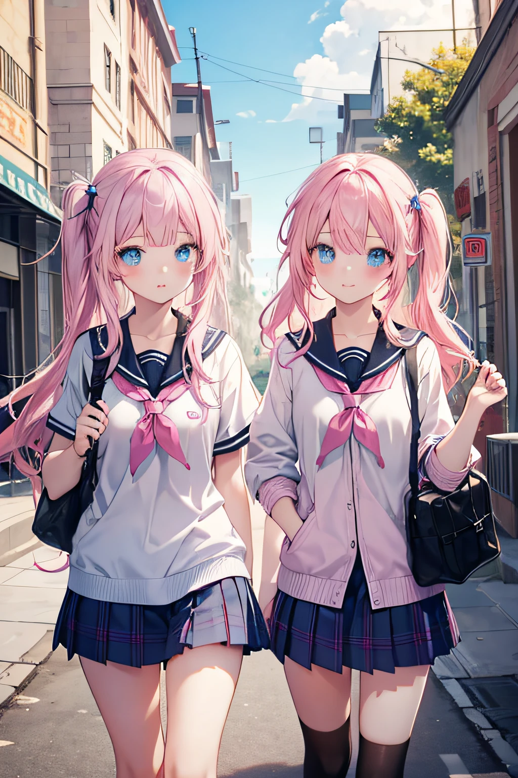 High Girls,twins,pink hair,blue eyes, on the way to school