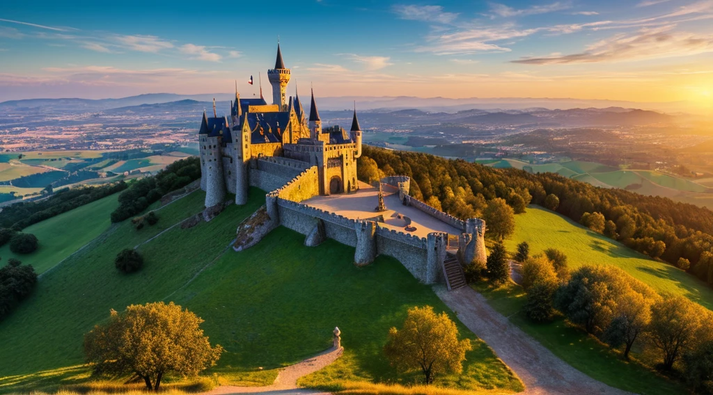 (best quality, 4k, 8k, high resolution, masterpiece: 1.2), ultra-detailed, (realistic, photorealistic, photorealistic: 1.37), professional, vivid colors, cinematic wallpaper, medieval castle on a hill, photography fine art, golden hour lighting, high definition, highly detailed, hdr