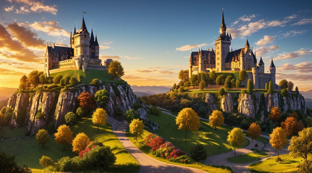 (best quality, 4k, 8k, high resolution, masterpiece: 1.2), ultra-detailed, (realistic, photorealistic, photorealistic: 1.37), professional, vivid colors, cinematic wallpaper, medieval castle on a hill, photography fine art, golden hour lighting, high definition, highly detailed, hdr