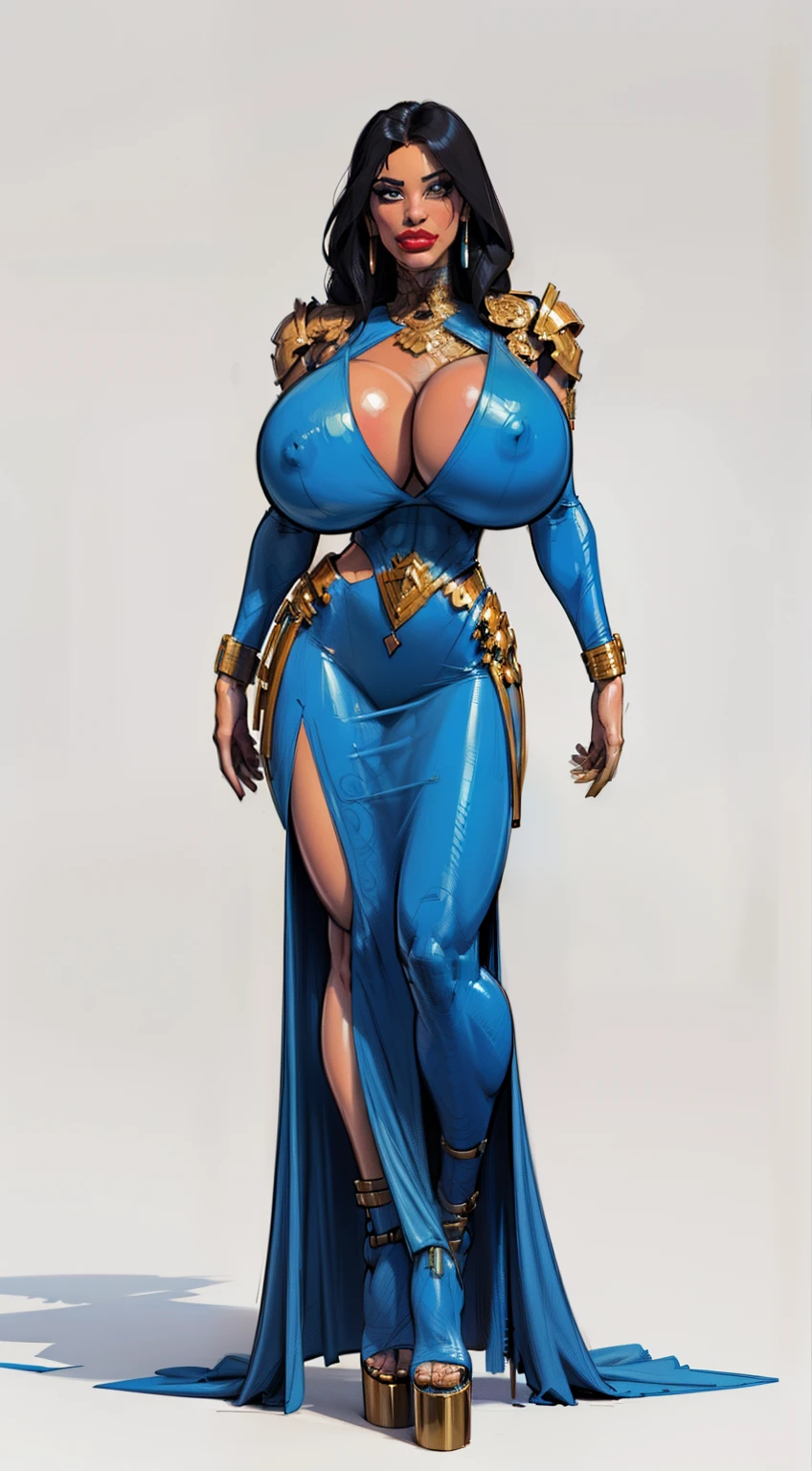 ((masterpiece)),(((best quality))),((character design sheet)), ((full body view)) ((cyberpunk queen:1.3)) mature face, ((middle eastern eyes:1.4)), ((gold cybernetic gown)), (((intricate futuristic breastplate))), defined cheekbones, high cheekbones, illustration, muscular, ((cyber gold:1.4)), sexy bimbo, (gigantic breasts:1.7) black hair, ((detailed face:1.4)) beautiful woman, (Chinese:1.4) (white skin:1.4) , (red lipstick:1.4), shiny skin, scribbles and marks,(puffy lips:1.4) , ((rough sketches)), pose, 8k,16k, (simple background, white background: 1.3) ((dark blue color palette)), ((cyberpunk aesthetic))