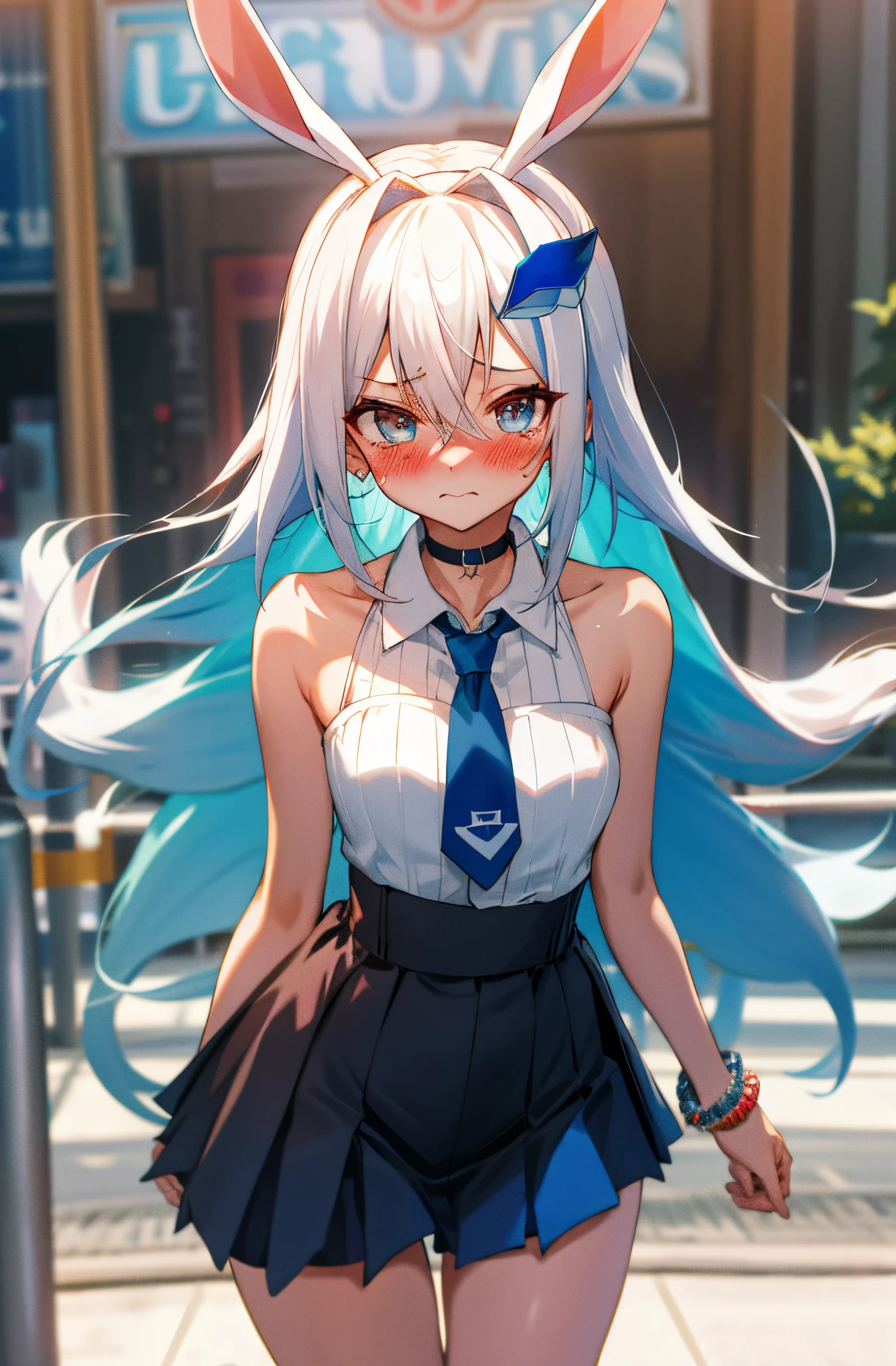 One girl with long hair, white hair, blue inner hair, looking at viewer, embarrassed, blushing, tears, outdoor, Amusement parks, bunny headband, sweaters, bare shoulders, necktie, mini skirt, tight, thigh, slim, dizzy, choker, mid-chest, wide hips, perfect waist, day atmosphere, hair ornament, standing, waiting, bracelet, (embarrassed:1.0)