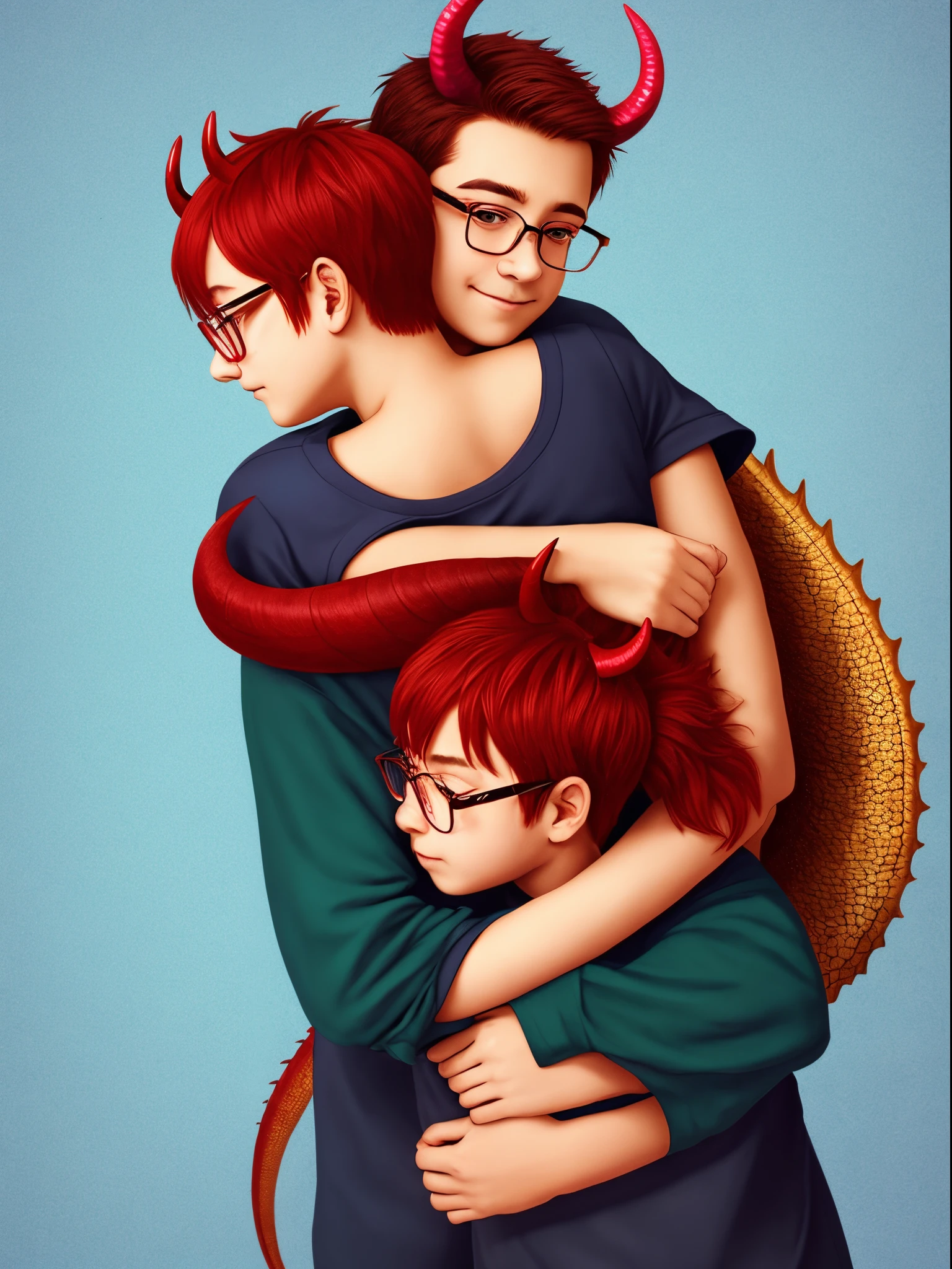 A with red hair,horns,and a dragon tail hugging his mom who has redish bluish hair,horns,and a dragon tail hugging his father who has red hair,glasses,and a dragon tail