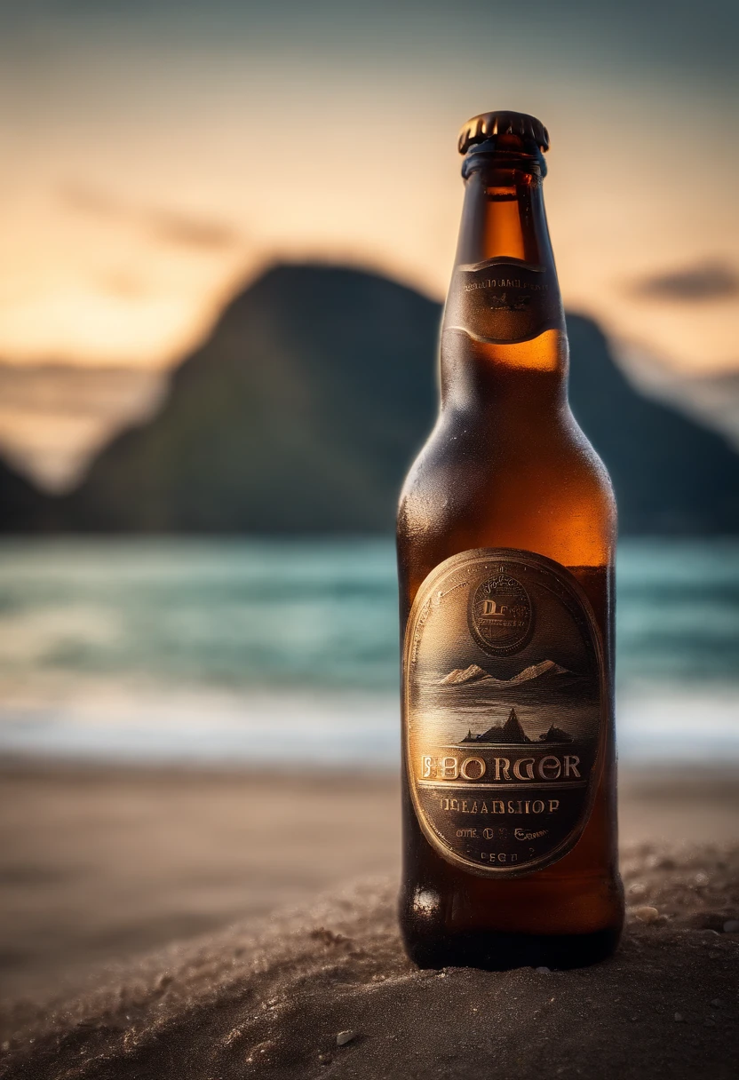 an image of a beer bottle against a backdrop of stunning scenery, such as a beach or mountain range, evoking a sense of adventure and relaxation