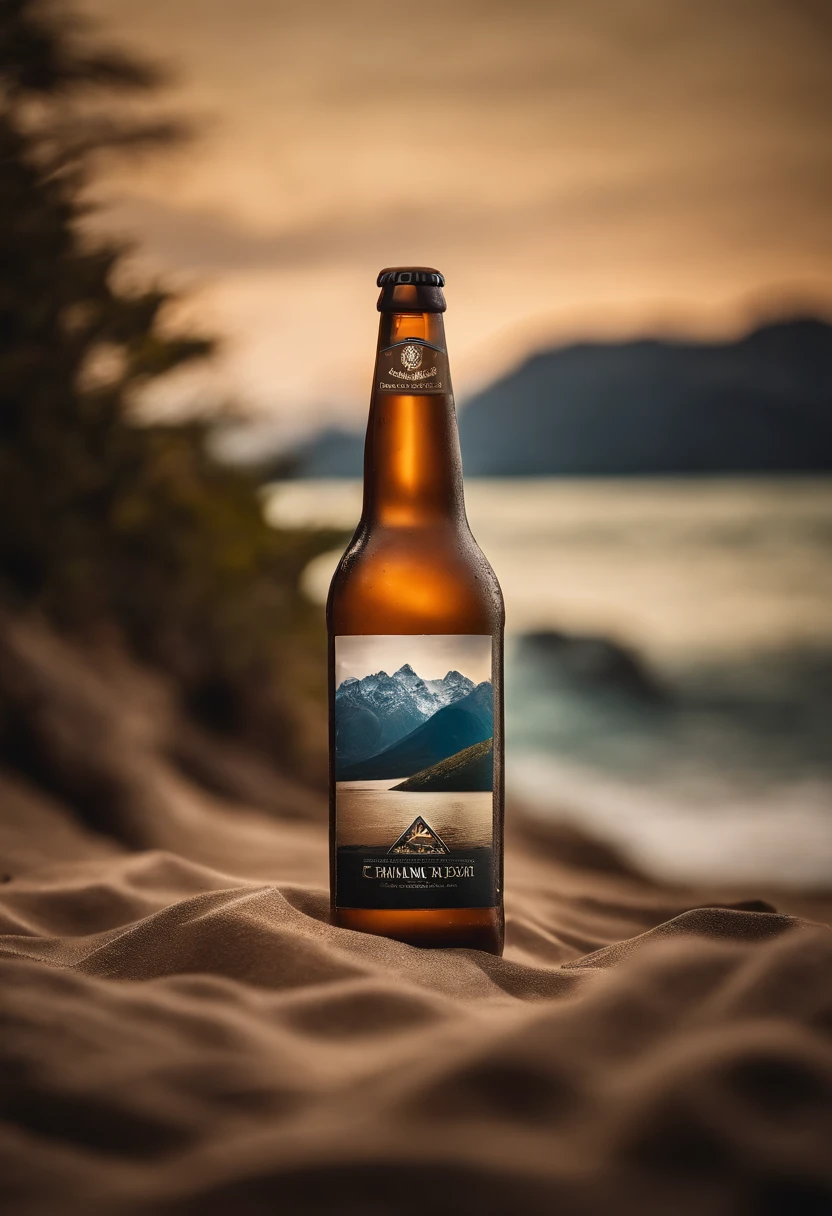 an image of a beer bottle against a backdrop of stunning scenery, such as a beach or mountain range, evoking a sense of adventure and relaxation
