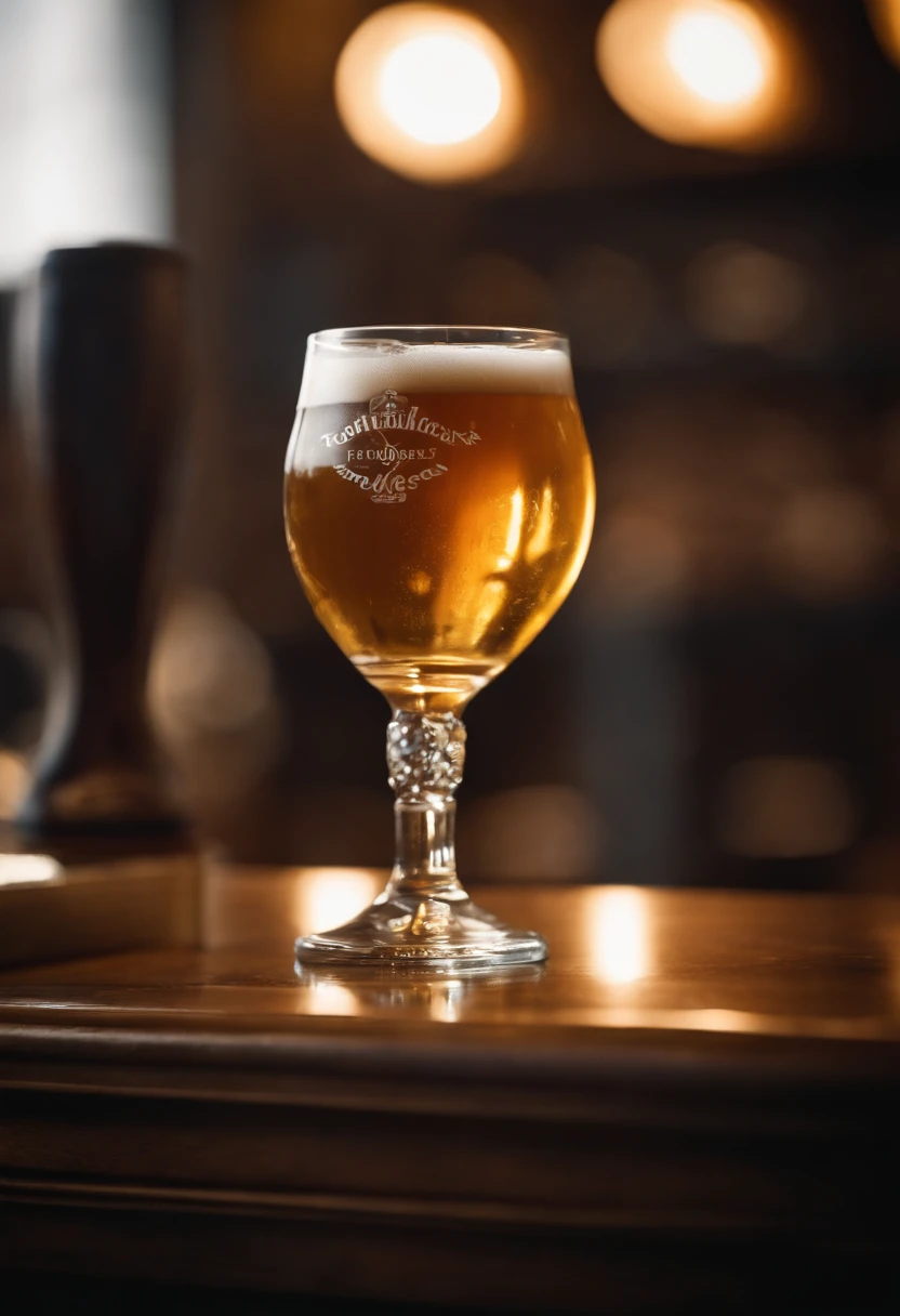 a detail shot of a beer glass with a beautifully designed logo or branding, highlighting the craftsmanship and attention to detail that goes into the beer